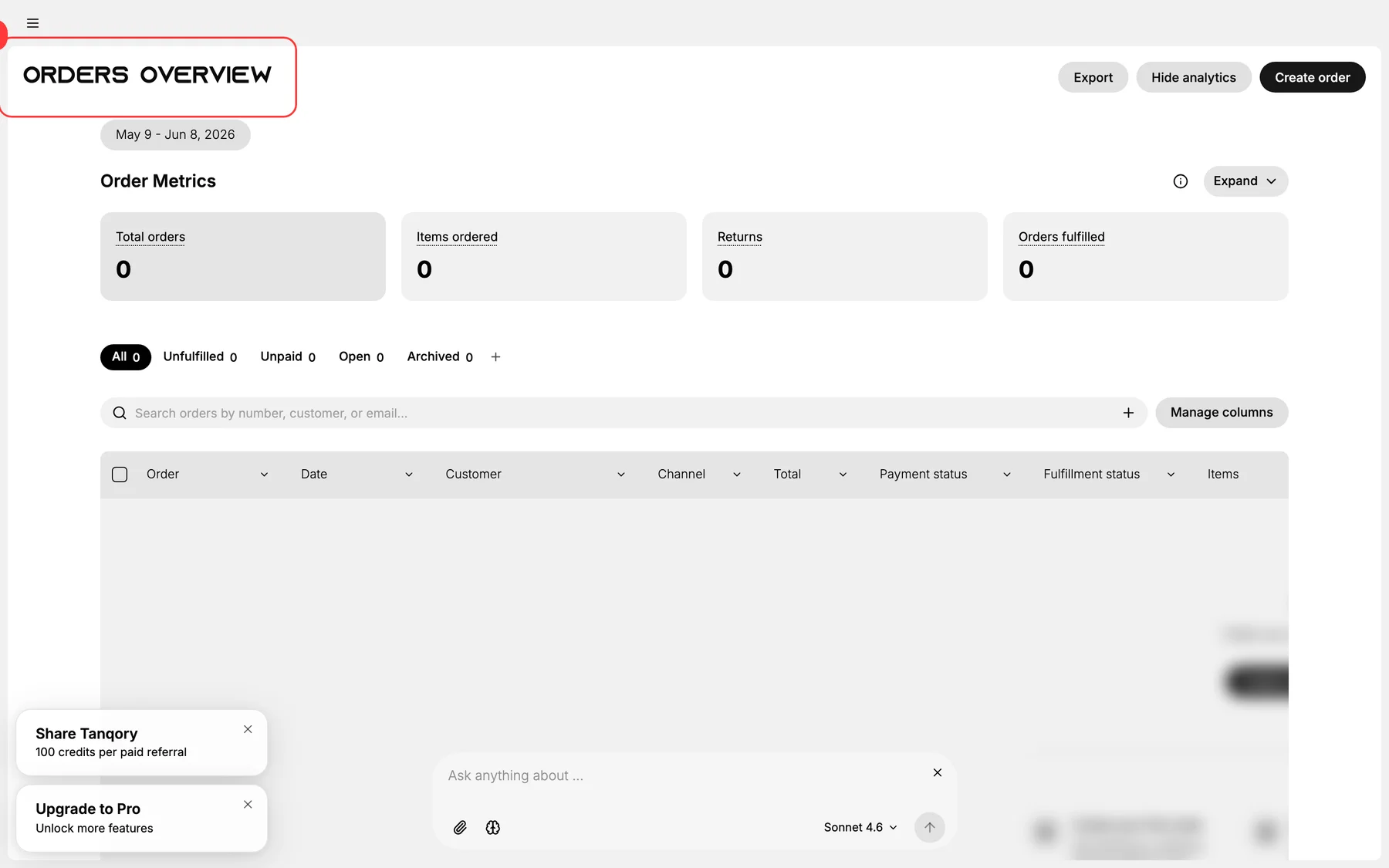 Step 1: Orders > Overview is the entry point