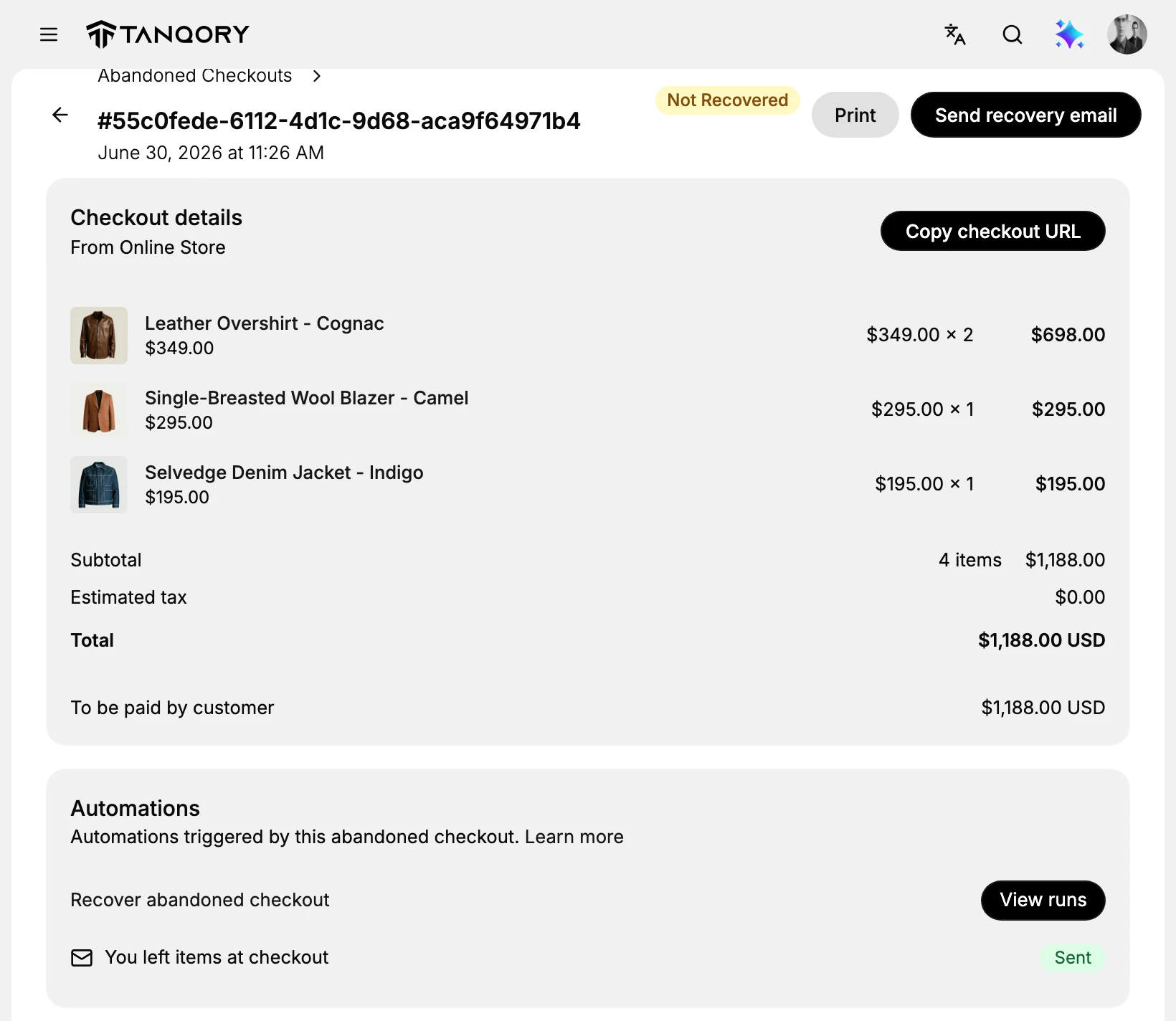 An abandoned checkout in the admin: the checkout reference with a Not Recovered badge and the Print and Send recovery email buttons, the Checkout details card with the items the customer left and the total, and the Automations card showing the You left items at checkout email marked Sent