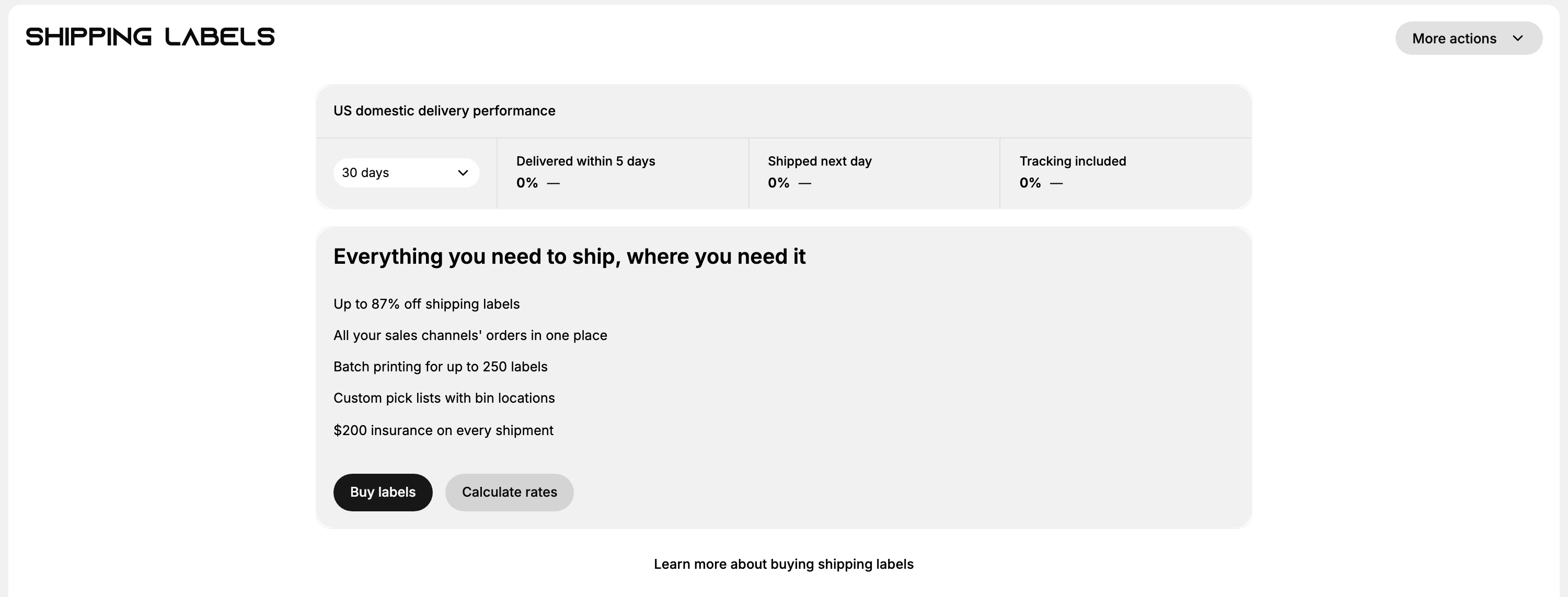 The Shipping labels page: a US domestic delivery performance card with a 30 days selector and three measures, Delivered within 5 days, Shipped next day and Tracking included, all reading 0 percent, above a panel headed Everything you need to ship, where you need it with the Buy labels and Calculate rates buttons