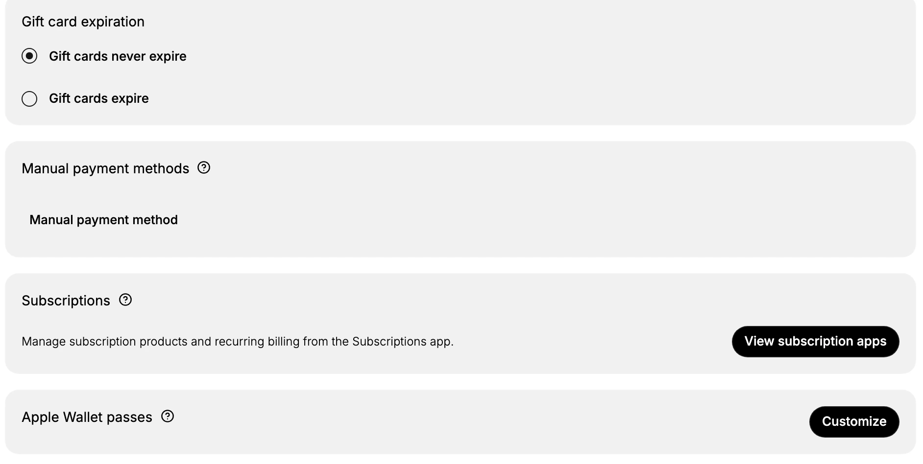 The Gift card expiration options, the Manual payment methods section, the Subscriptions section with View subscription apps, and the Apple Wallet passes section with Customize