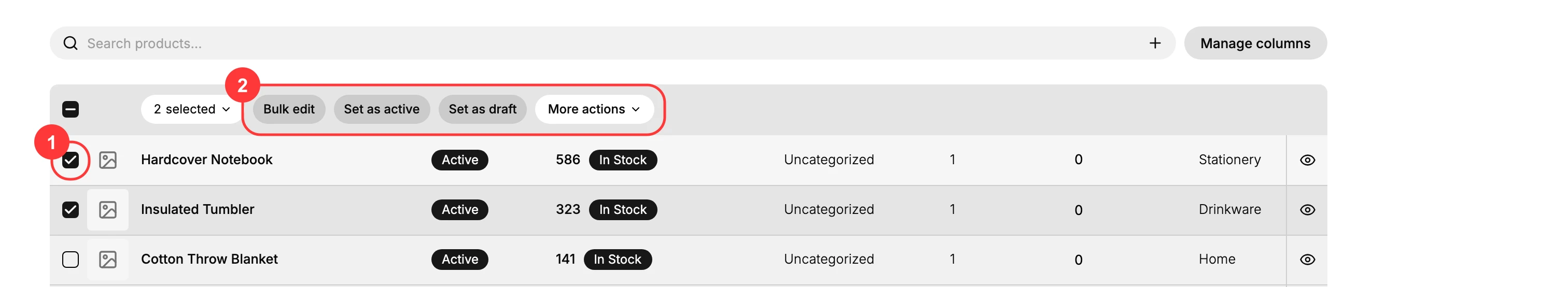 Step 1: The Products list with two rows selected. A row checkbox (1) and the bulk toolbar that appears (2): Bulk edit, Set as active, Set as draft, and More actions