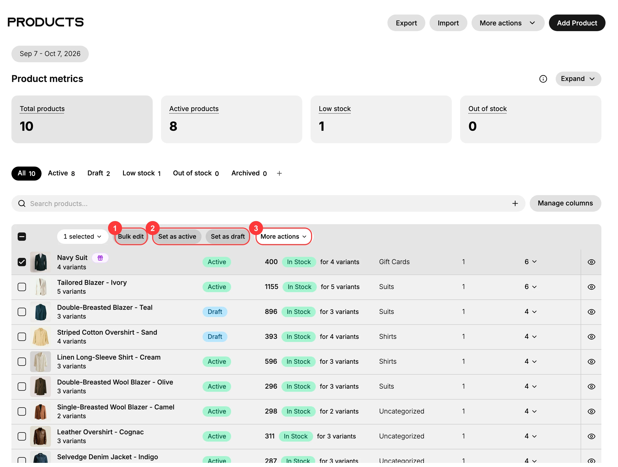 The Products list with a product selected: the bulk toolbar shows the selection count and the three routes - Bulk edit (1), the one-click status buttons Set as active and Set as draft (2), and the More actions menu (3)
