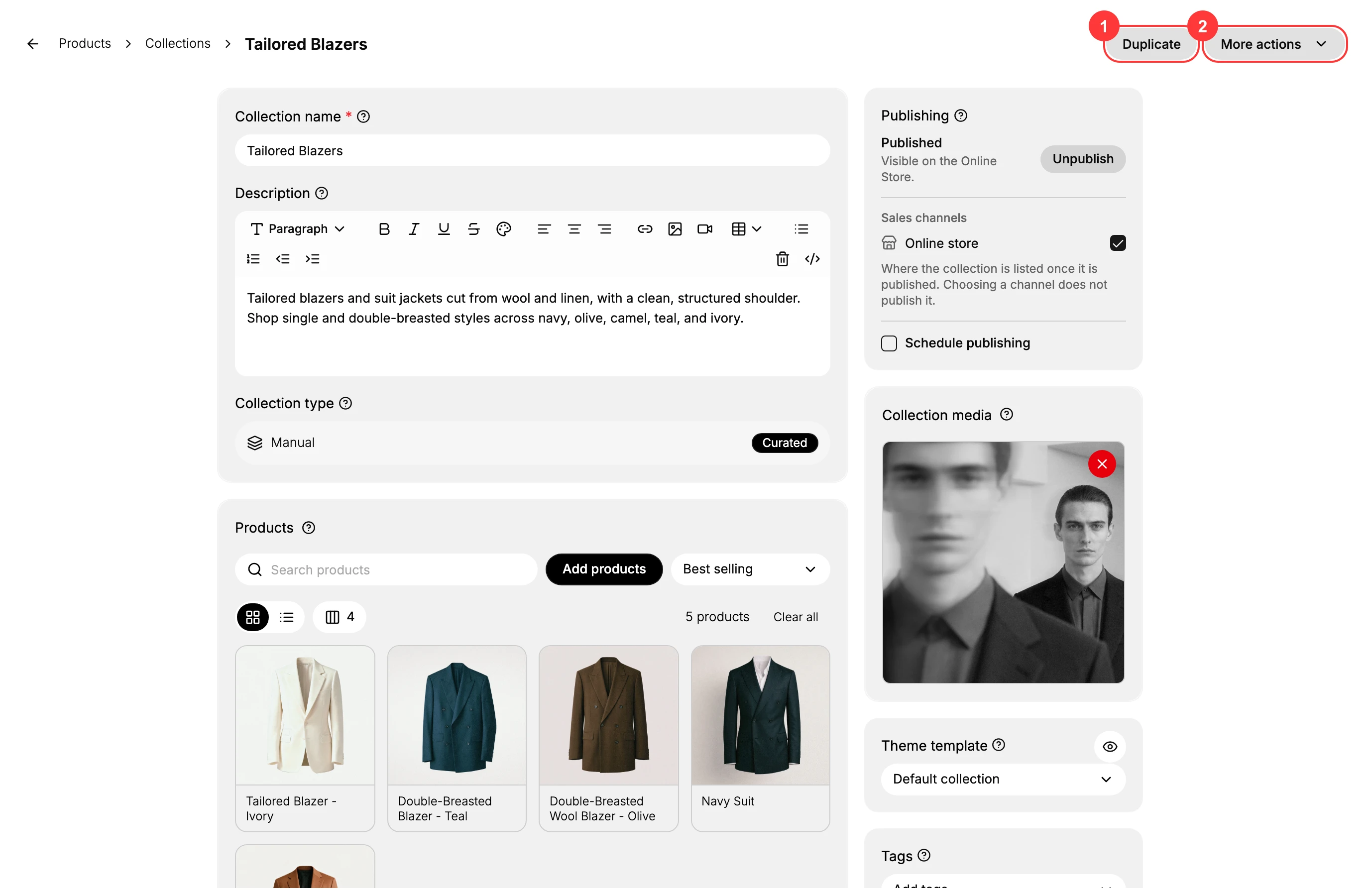 Step 1: The collection detail page - the Duplicate button (1) and the More actions menu (2) in the top-right