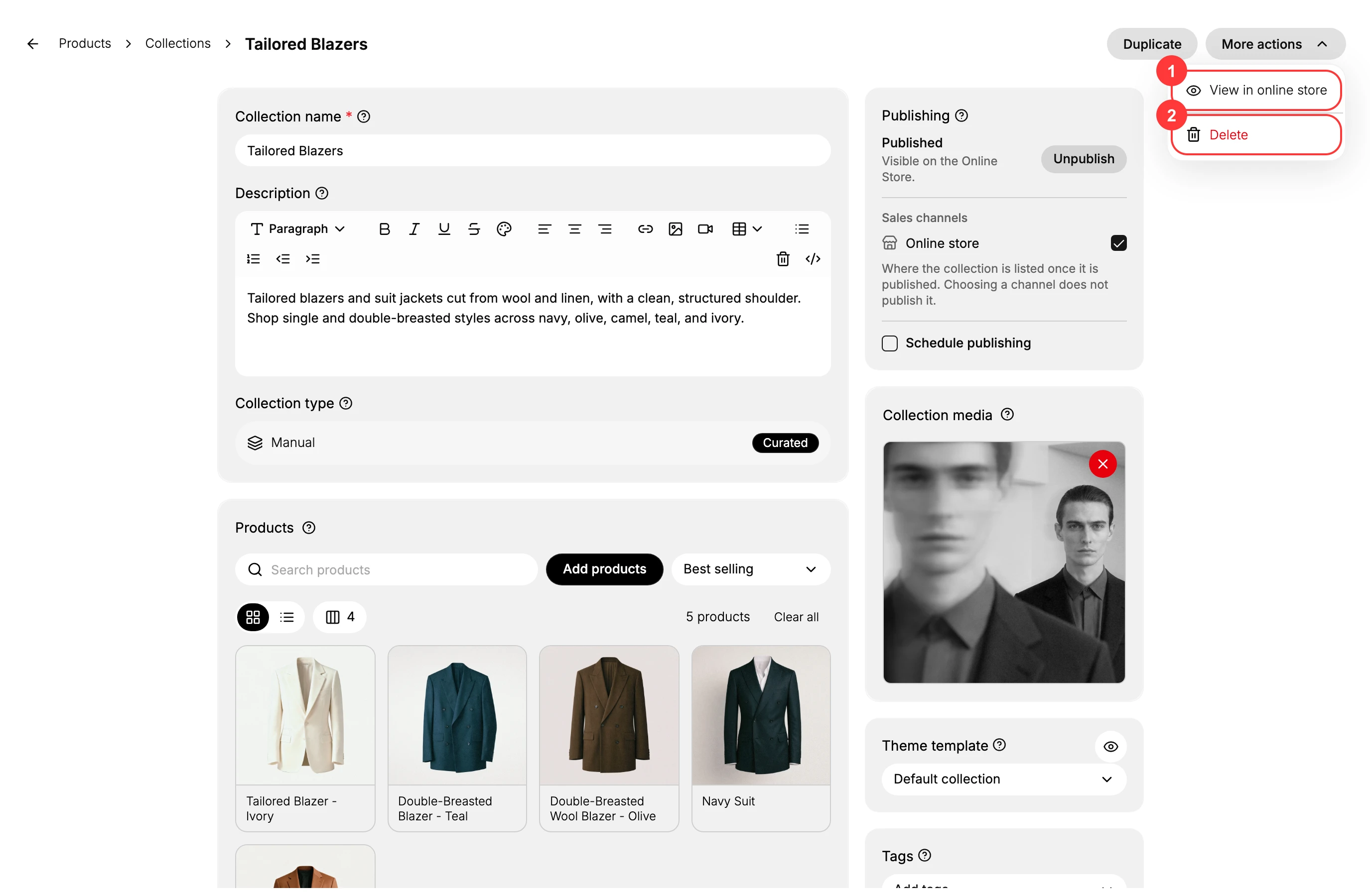Step 3: The More actions menu - View in online store (1) and Delete (2)