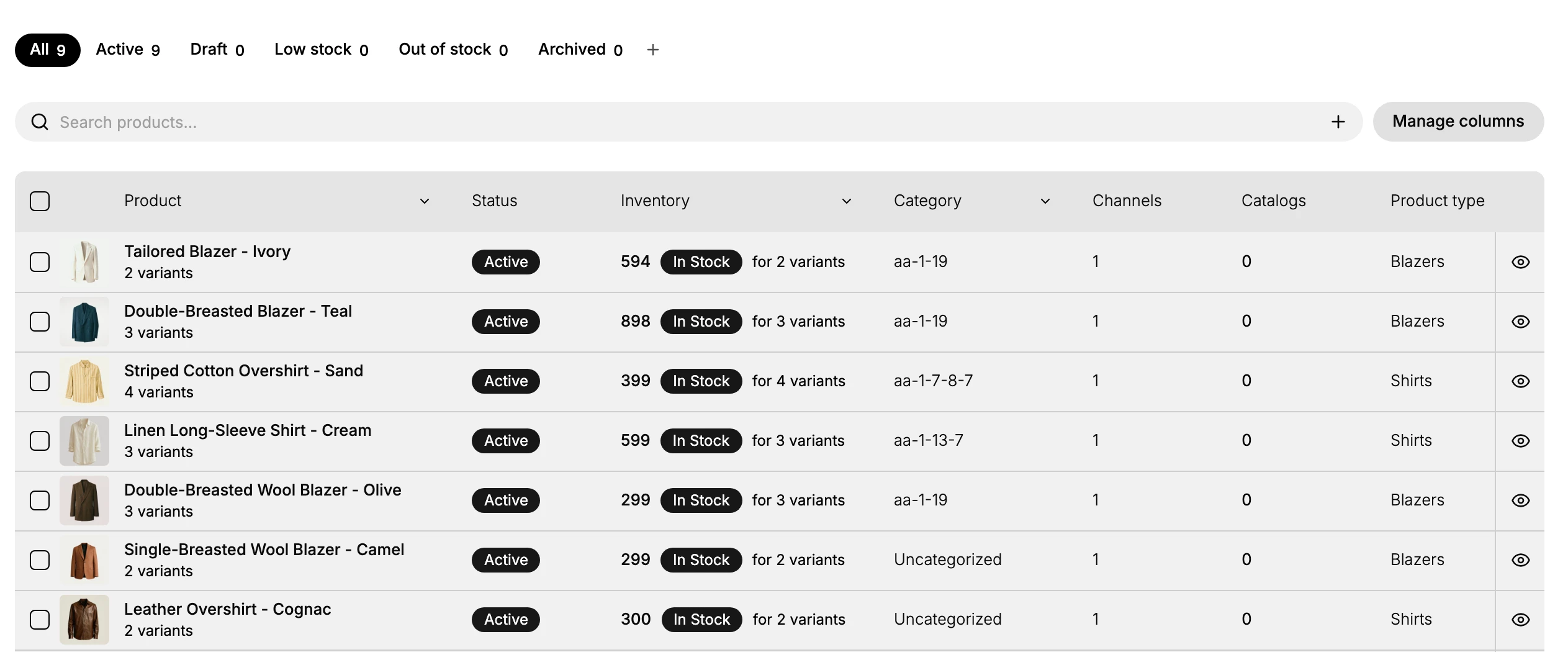Step 1: The Products list, where clicking a product row opens its editor