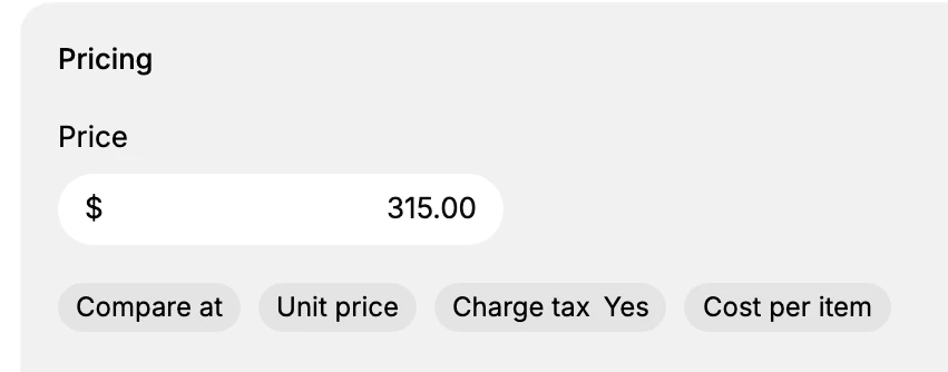The Pricing section: the Price field and the Additional display prices row - Compare at, Unit price, Charge tax, and Cost per item