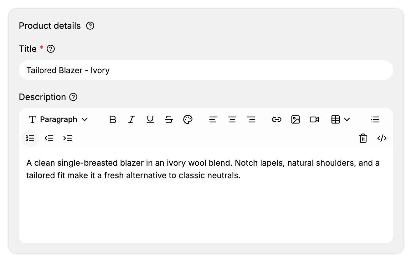 The Title field at the top of the Product details section, with the rich-text Description editor below it