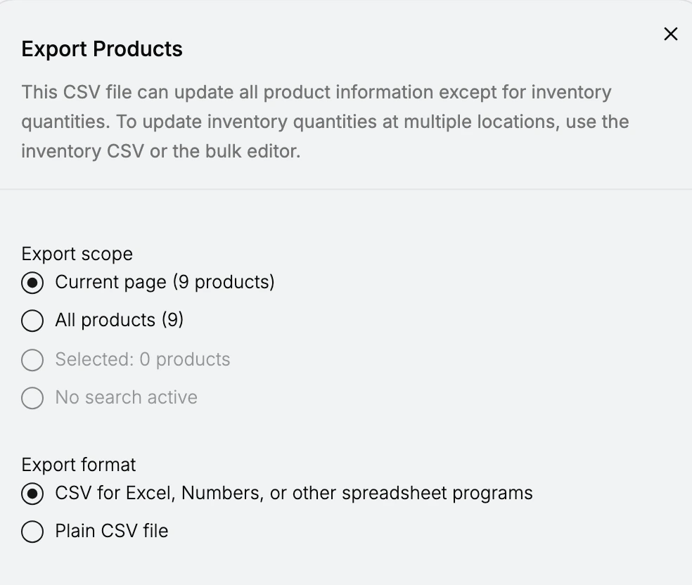 Step 1: The Export Products dialog showing Export scope and Export format