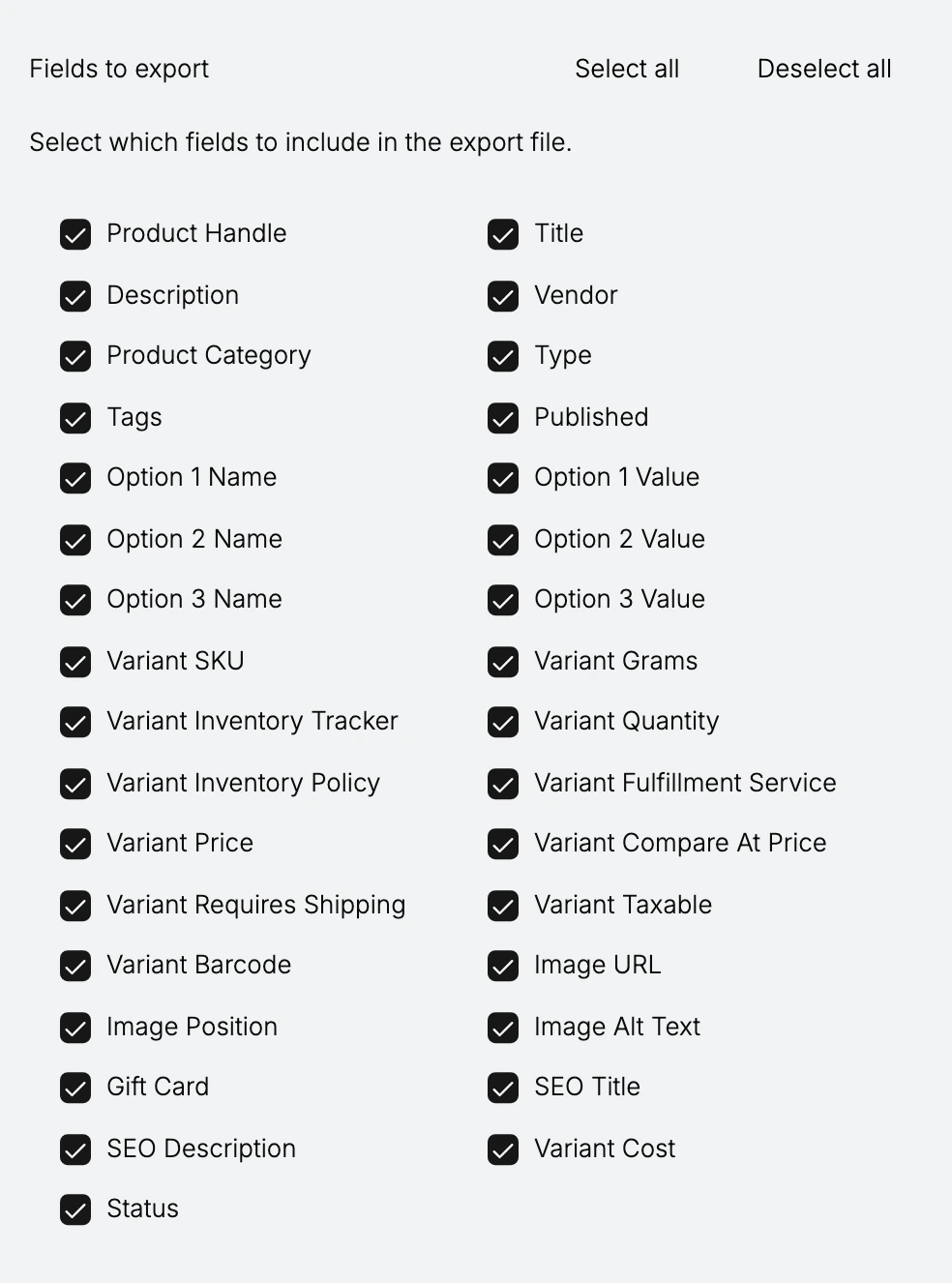 Step 4: Fields to export, showing the Select all and Deselect all controls and a checkbox for every CSV column