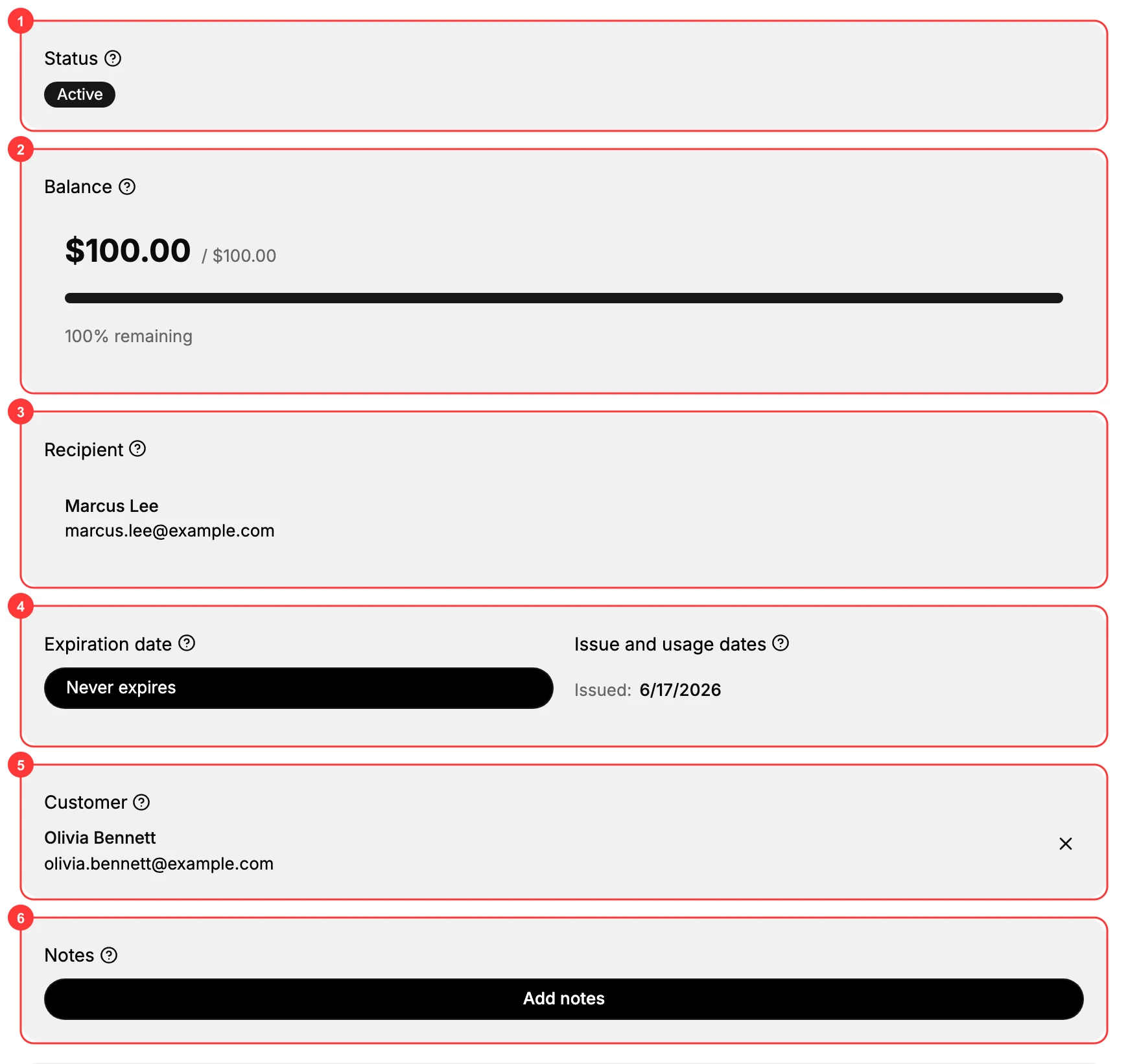 Step 3: The detail cards - Status (1), Balance (2), Recipient (3), Expiration and usage dates (4), Customer (5), and Notes (6)