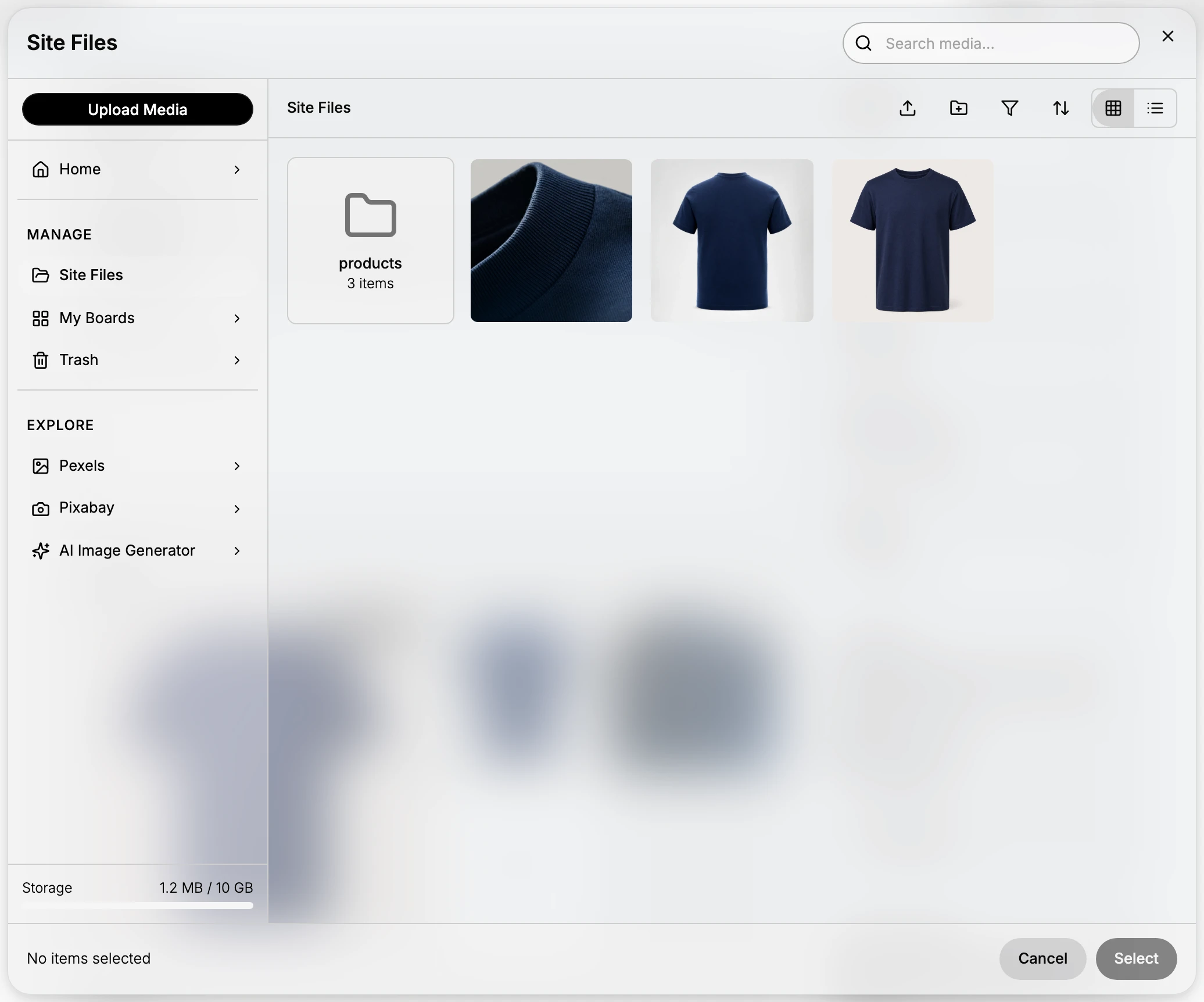 Step 1b: The Site Files media picker showing the sources Site Files, Upload Media, Pexels, Pixabay, and AI Image Generator, then Select