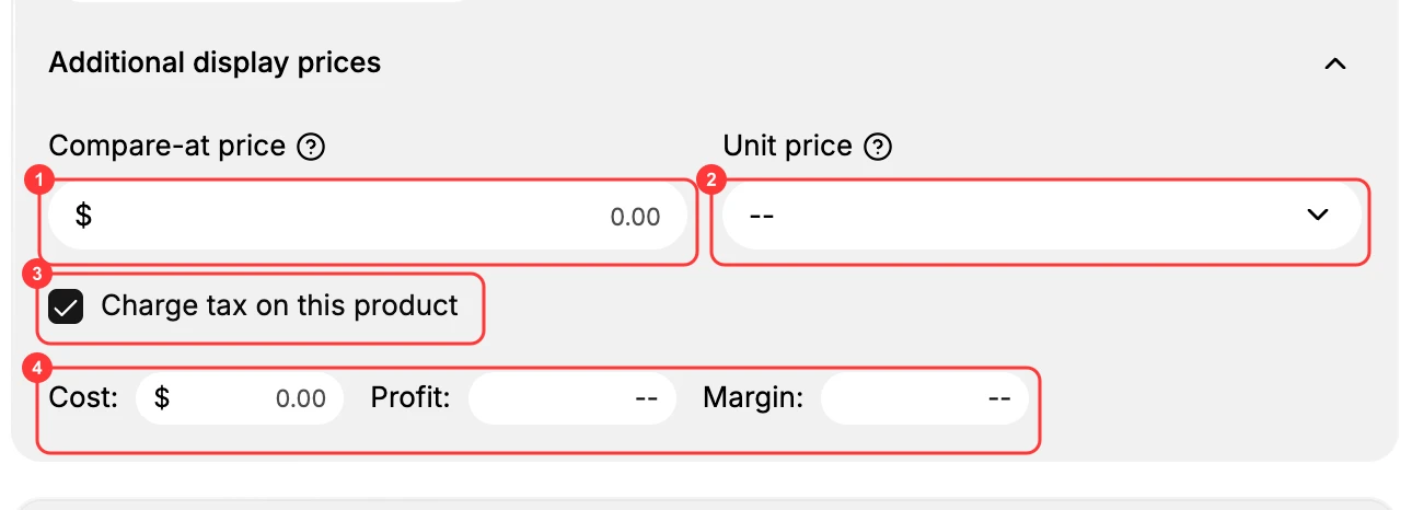 Step 2: Additional display prices expanded, showing Compare-at price (1), Unit price (2), Charge tax (3), and Cost, Profit, and Margin (4)