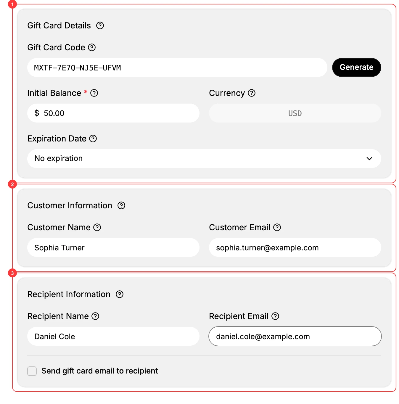 Step 3: The Create Gift Card form - Gift Card Details (1), Customer Information (2), and Recipient Information (3), which holds the Send gift card email to recipient toggle