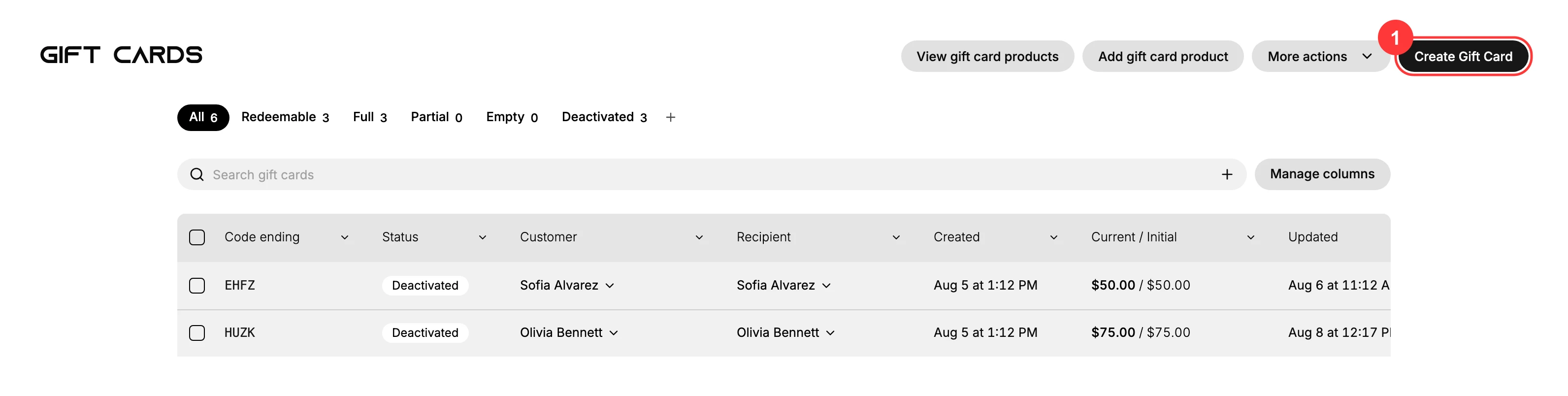 Step 1: The Gift Cards list - Create Gift Card (1) opens the new gift card form