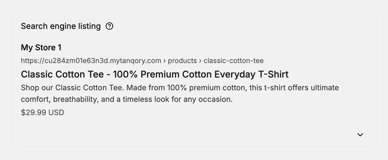 Step 1: The Search engine listing section showing a preview of the store name, URL, product title, description, and price