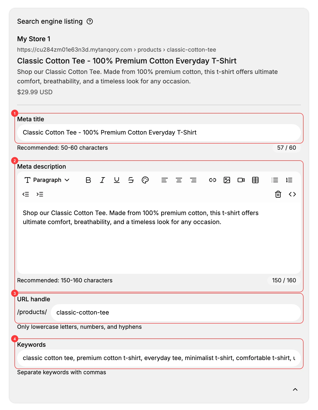 Step 2: The expanded Search engine listing showing Meta title (1), Meta description (2), URL handle (3), and Keywords (4), above the live preview