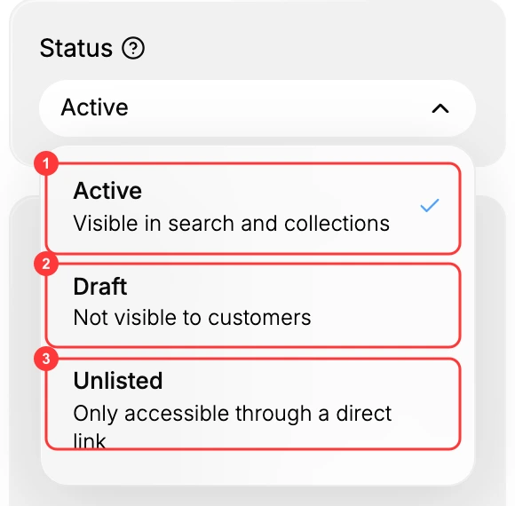 Step 2: The Status dropdown, with Active (1), Draft (2), and Unlisted (3), each showing its visibility underneath