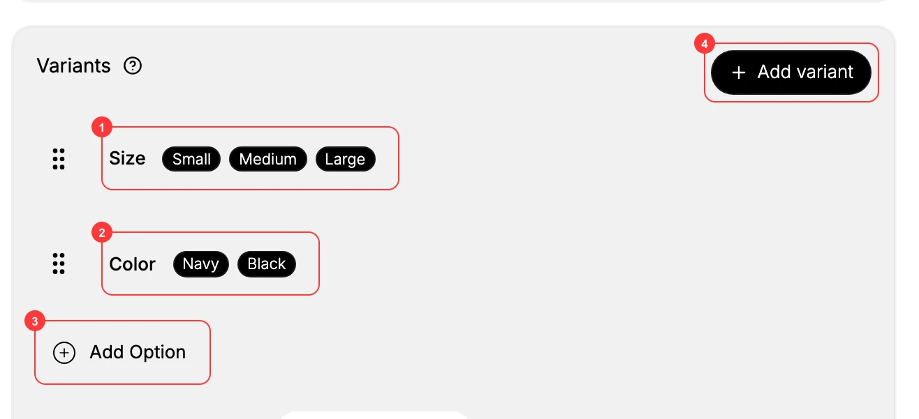Step 4: A product with two saved options, Size (1) and Color (2), plus Add Option (3) to add another axis and Add variant (4) for a one-off