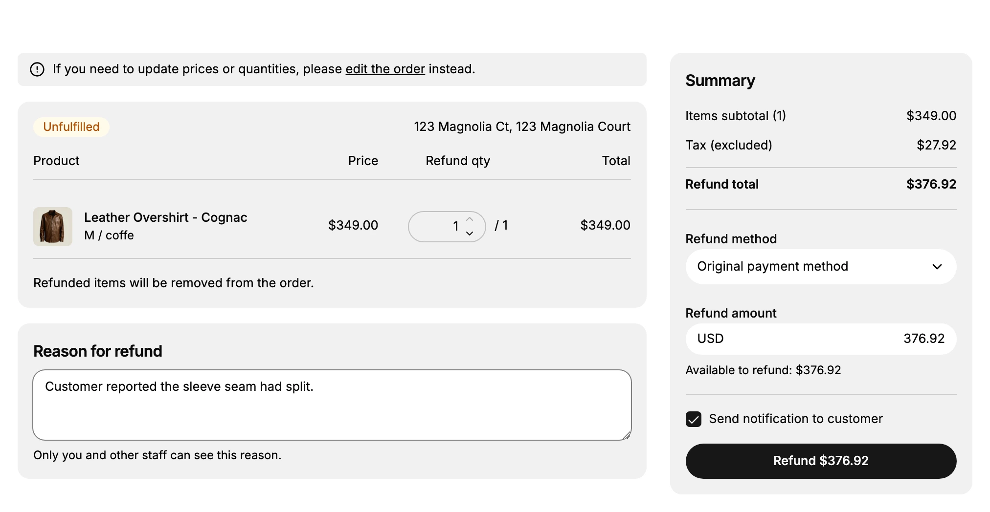The Refund page with one item selected: the Refund qty at 1 of 1, the line Total filled in, a reason typed, and the Summary showing an items subtotal, tax, a refund total, the refund method, the amount, the notification checkbox, and the Refund button carrying the amount