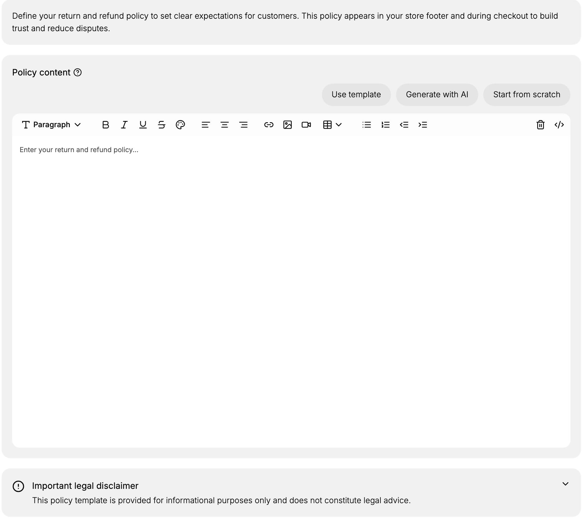 The Return and refund policy editor: the description, the Policy content area with the Use template, Generate with AI, and Start from scratch buttons, the rich-text editor, and the Important legal disclaimer below it