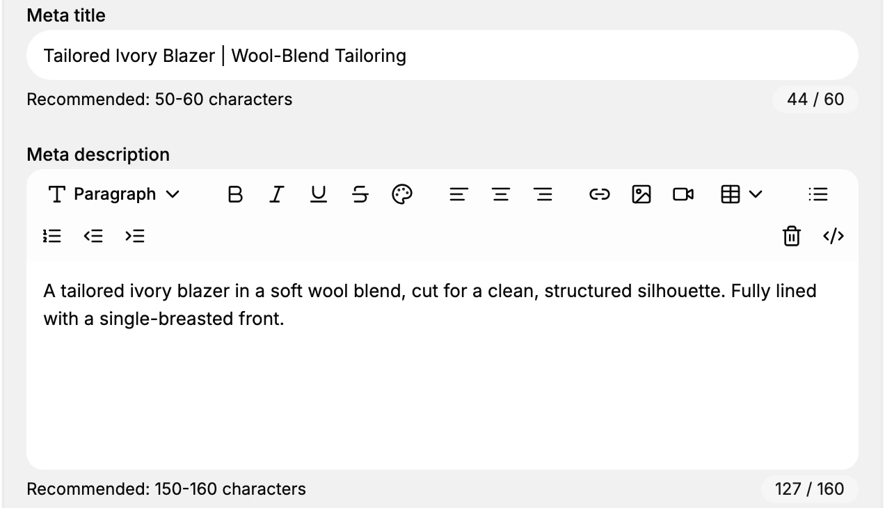 The Meta title field with its Recommended 50-60 characters helper and a length counter, and the Meta description field with its Recommended 150-160 characters helper.