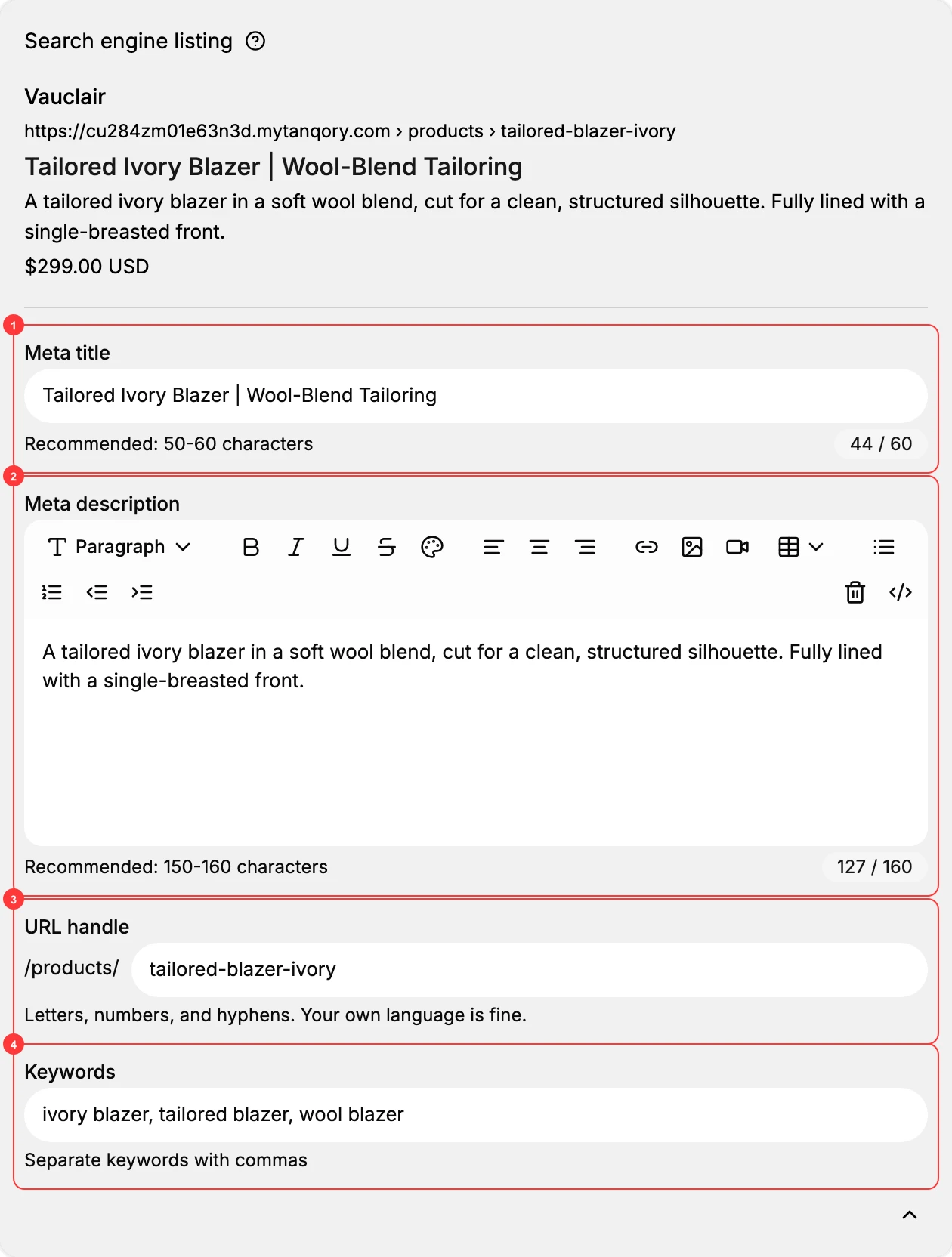 The Search engine listing section, with a live search preview at the top and four fields: (1) Meta title; (2) Meta description; (3) URL handle; (4) Keywords.