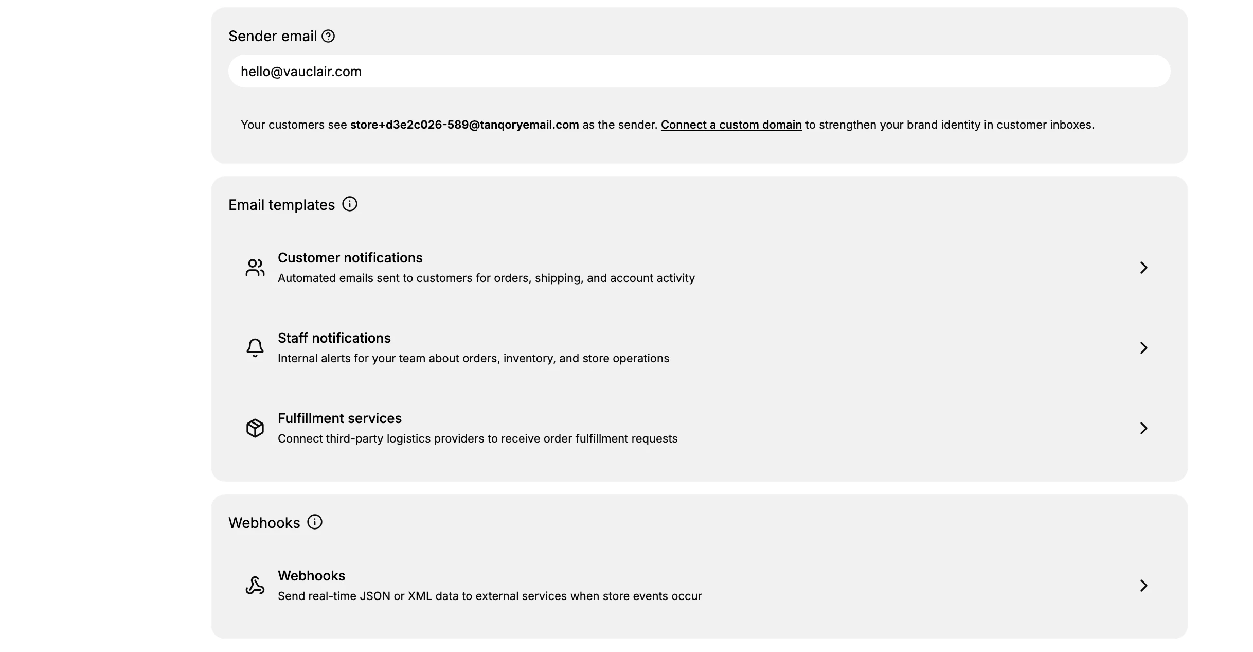 The Notifications page showing the Sender email field, an Email templates group with Customer notifications, Staff notifications, and Fulfillment services rows, and a Webhooks section.
