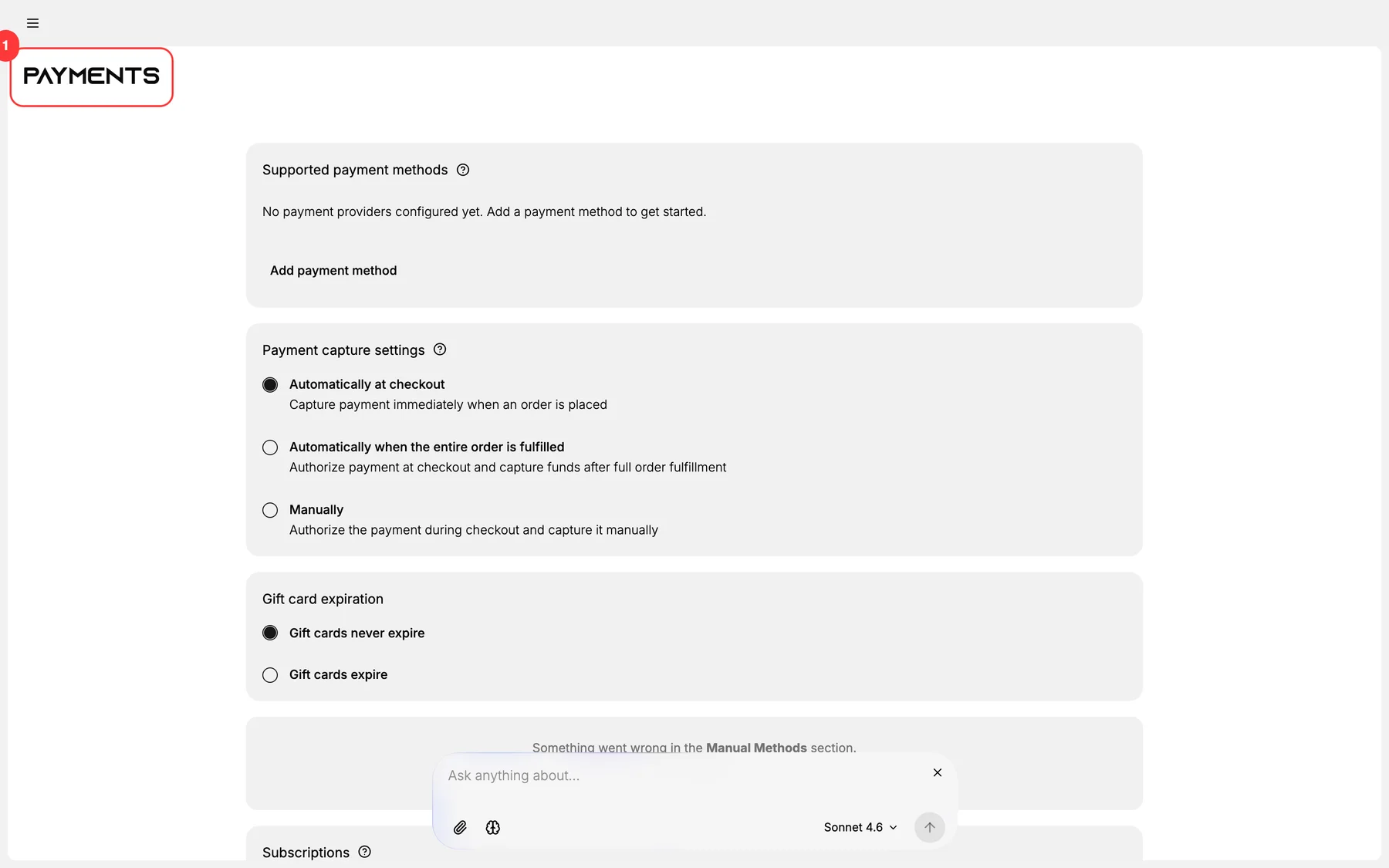 Step 1: Settings > Payments page header