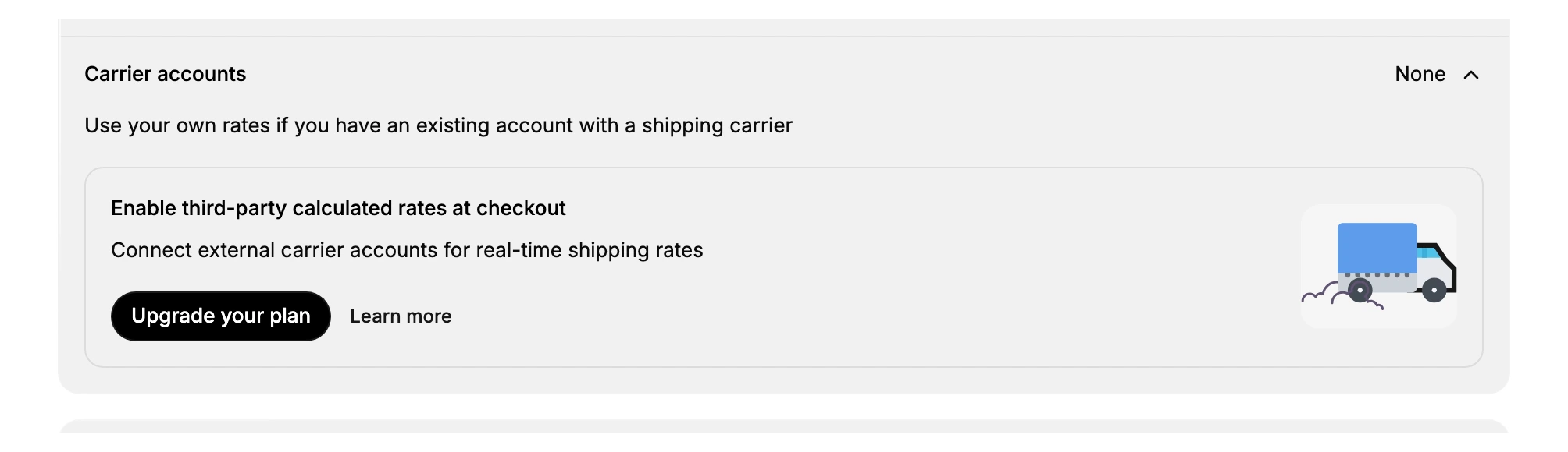 The Carrier accounts section on the Shipping and delivery page, describing third-party calculated rates at checkout with an Upgrade your plan action