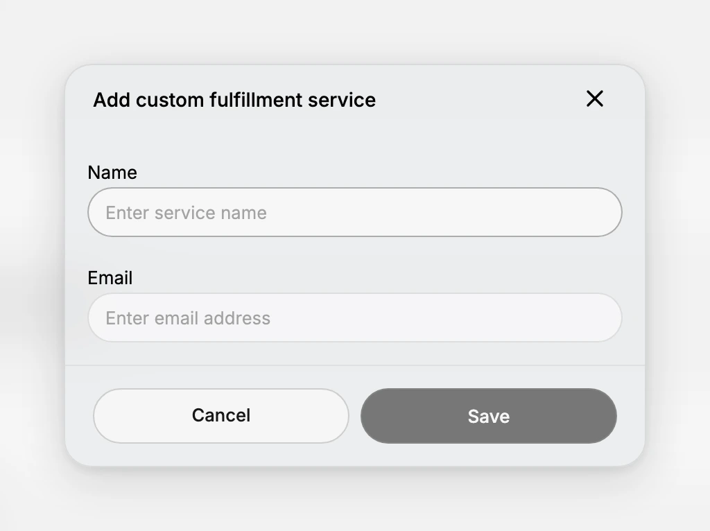 The Add custom fulfillment service dialog, with a Name field and an Email field, and Cancel and Save buttons