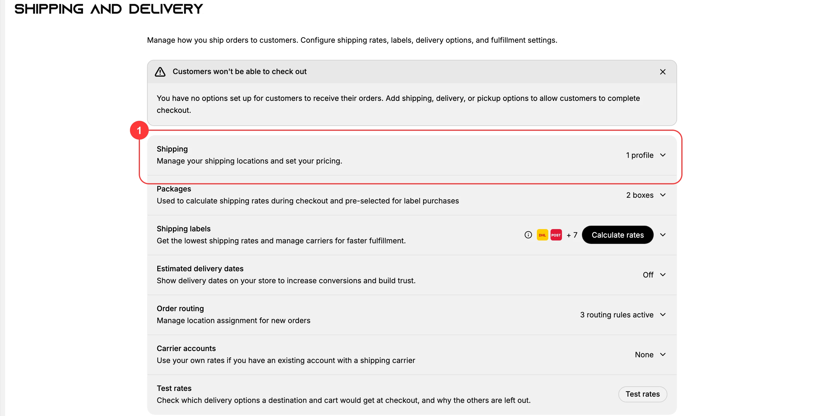 The Shipping and delivery settings page. Box (1) marks the Shipping row, where the store's profiles live; open it to see the profiles.