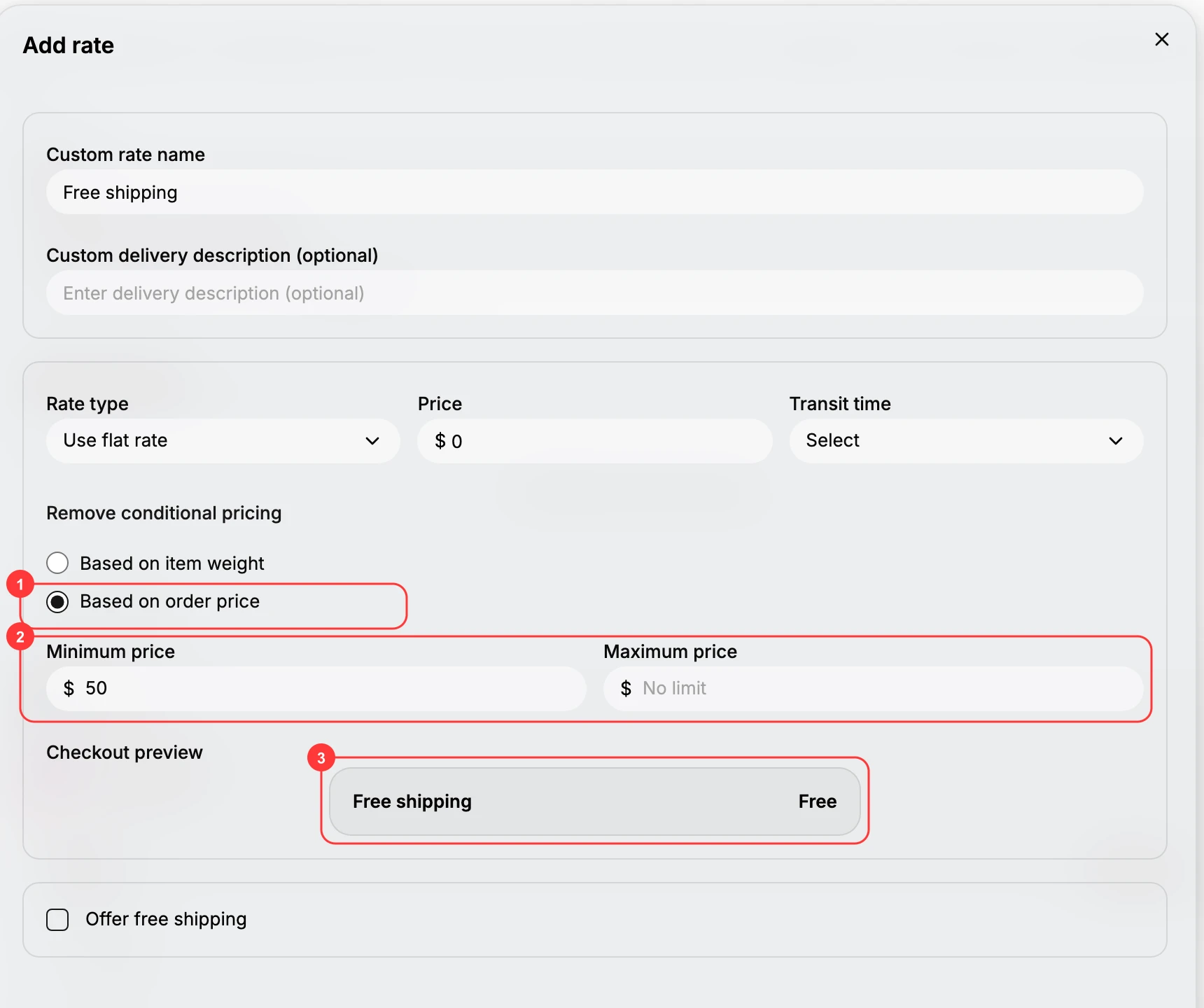 The Add rate dialog set up as free shipping over a total, with a rate named Free shipping at Price $0. Box (1) marks Based on order price, (2) the Minimum price of $50 and the Maximum price reading No limit, and (3) the Checkout preview reading Free shipping Free.