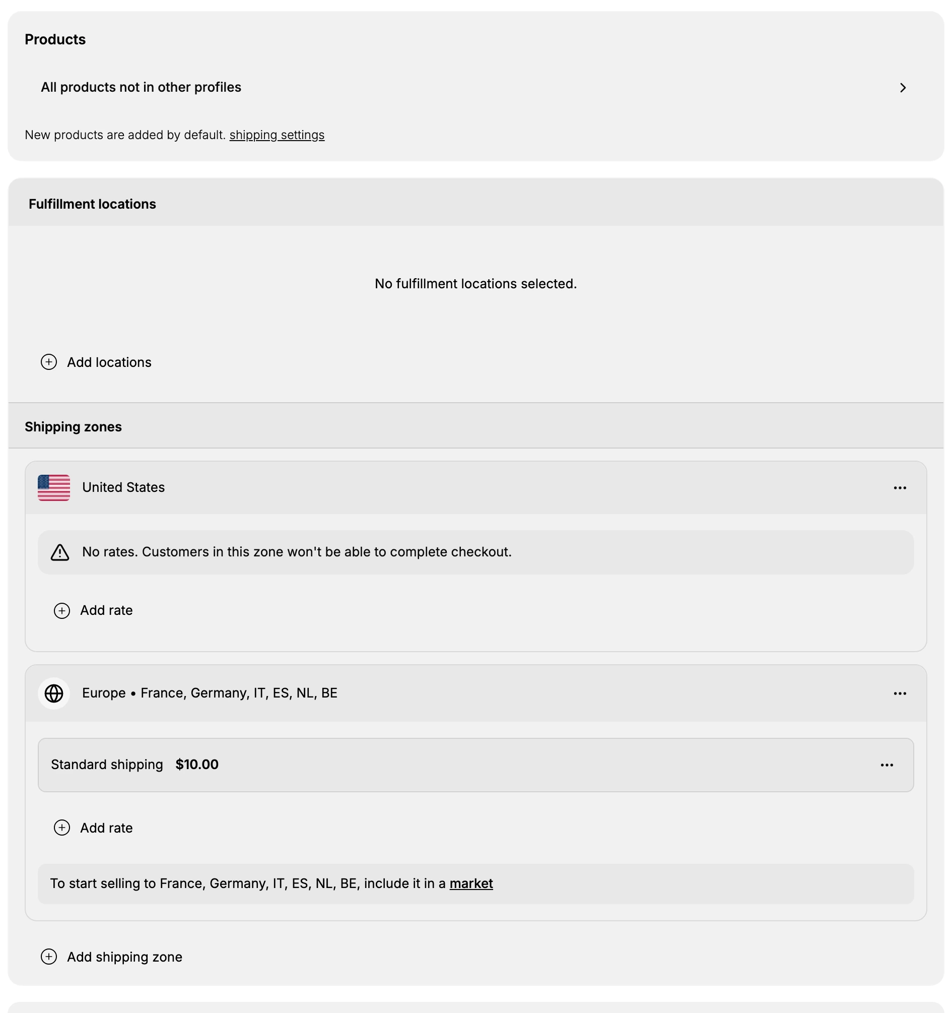 The General profile page, showing the Products, Fulfillment locations, and Shipping zones sections with a United States zone showing its no-rates notice and a Europe zone with a Standard shipping rate, plus the Add rate and Add shipping zone actions