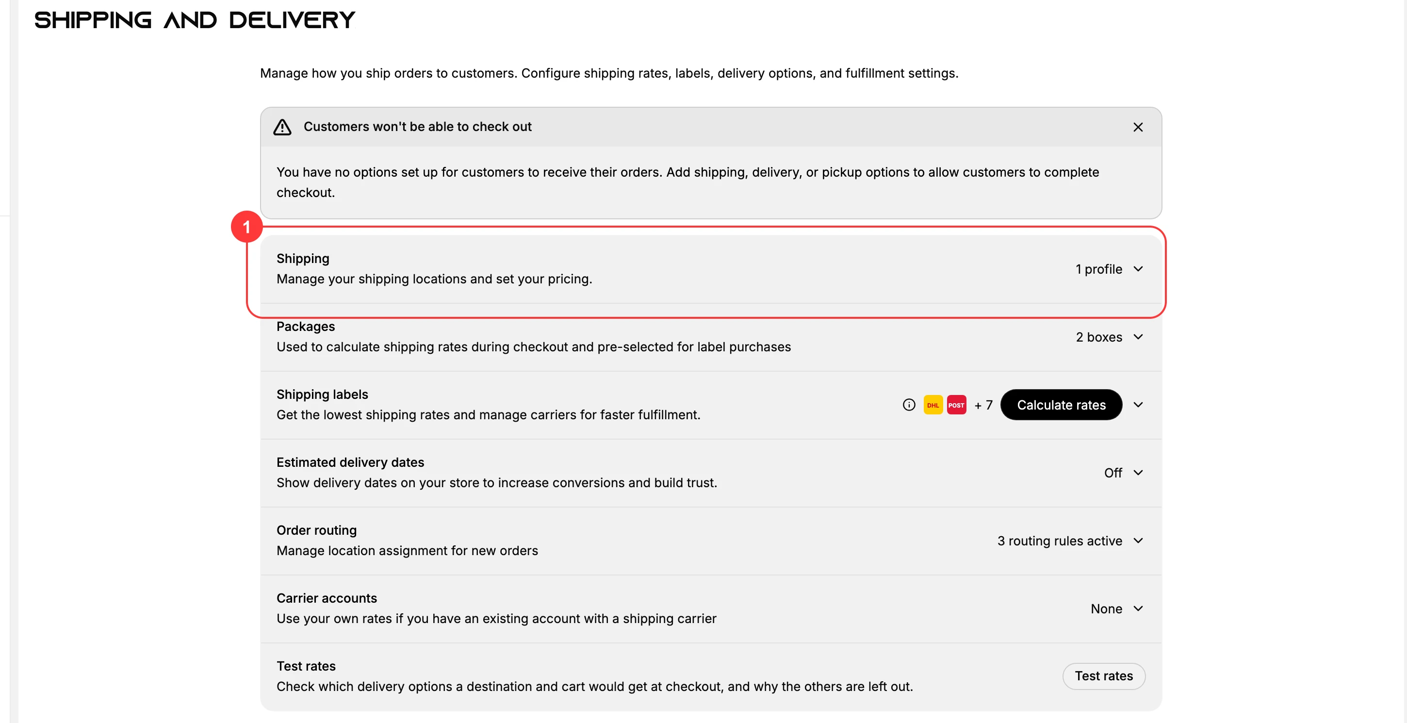 The Shipping and delivery settings page. Box (1) marks the Shipping row, reading Manage your shipping locations and set your pricing, which opens the store's shipping profiles; Packages, Shipping labels, Estimated delivery dates, Order routing, Carrier accounts and Test rates sit below it.