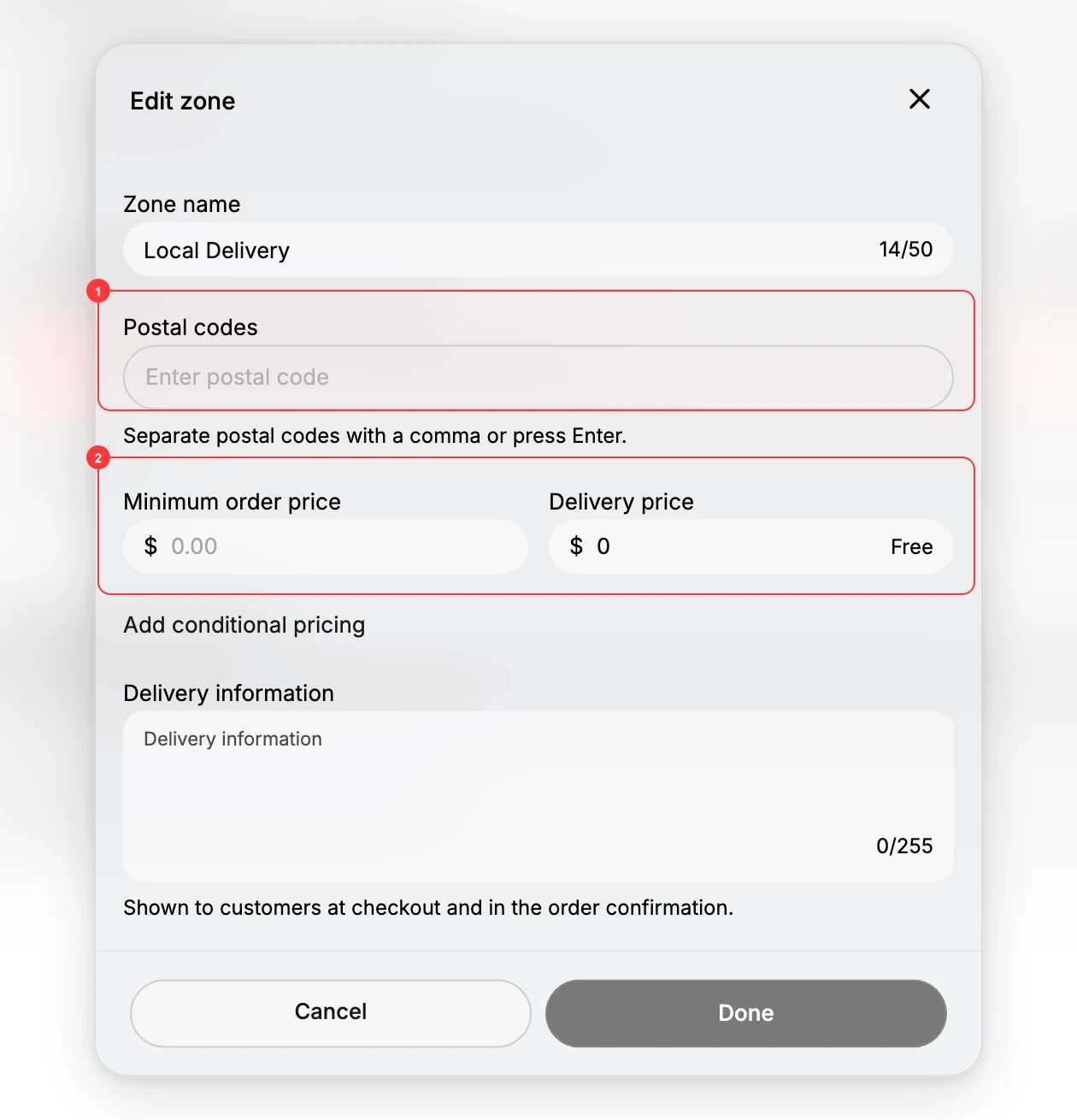 The Edit zone dialog. Box (1) marks Postal codes, the codes the zone covers. Box (2) marks Minimum order price and Delivery price, which can be set to Free. Below them sit Add conditional pricing and an optional Delivery information note.