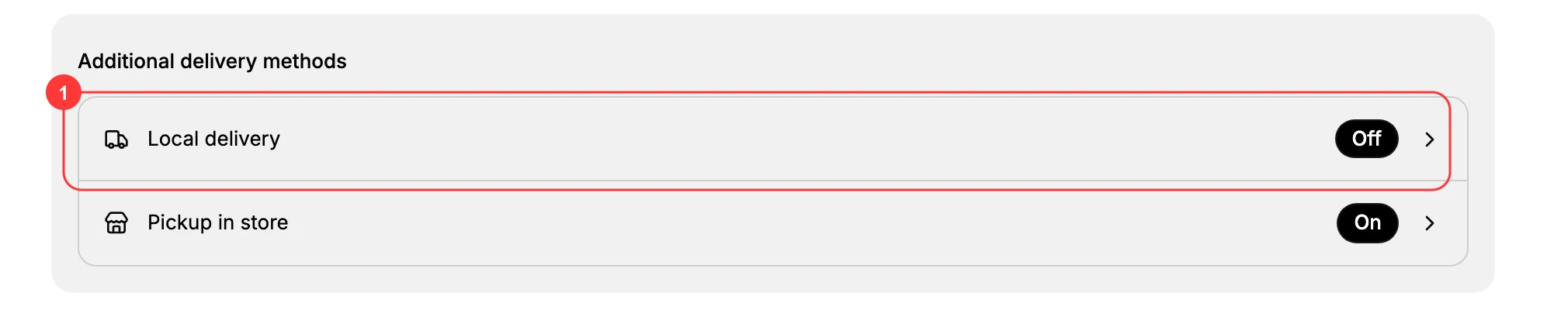 The Shipping and delivery page, Additional delivery methods section. Box (1) marks the Local delivery row, reading Off until a location is switched on, with Pickup in store below it.