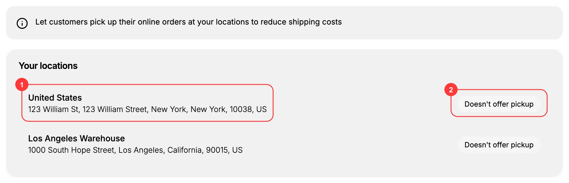 Each location (1) and its pickup status badge (2) under Your locations