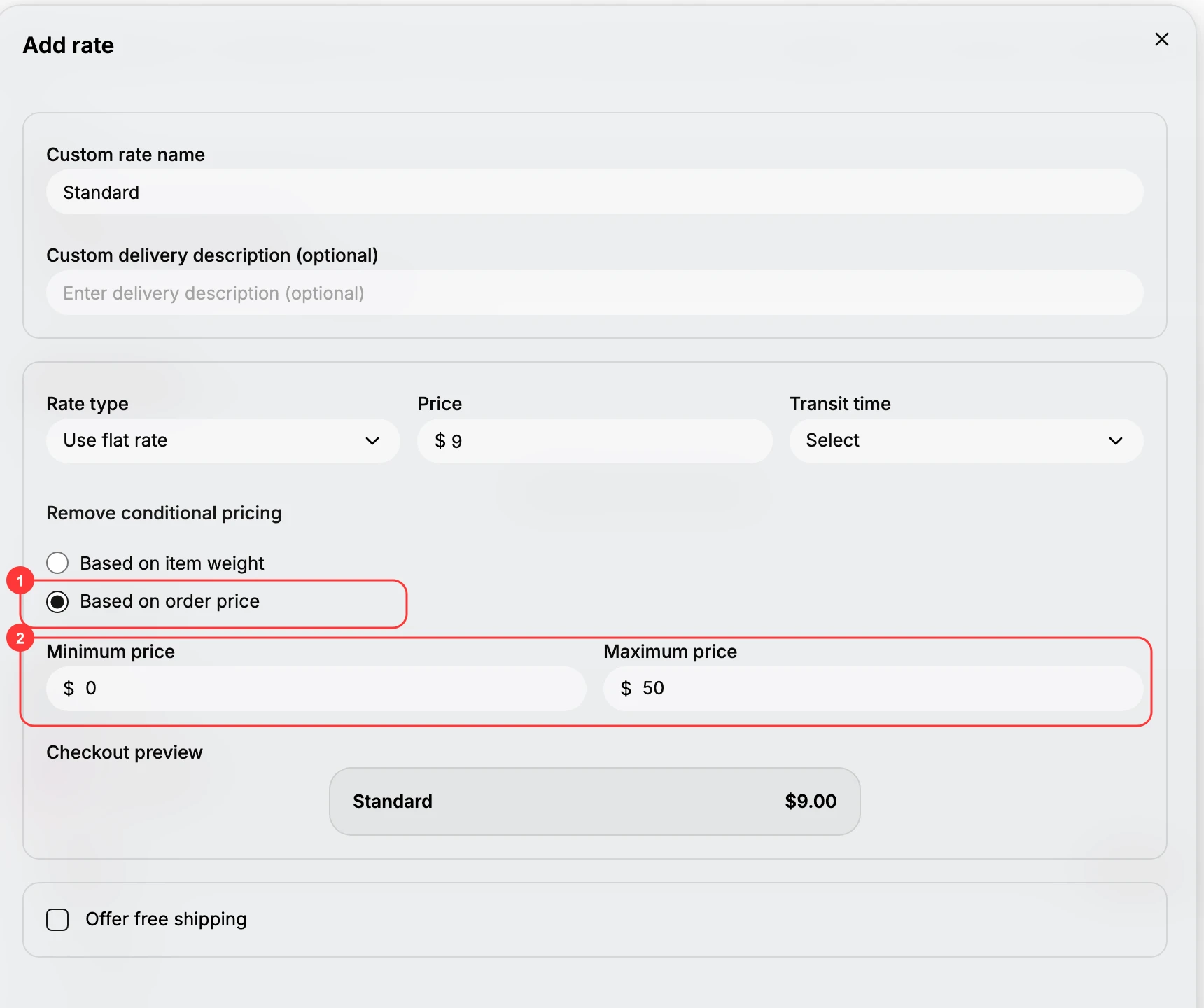 The Add rate dialog with conditional pricing expanded. Box (1) marks Based on order price, and (2) the Minimum price of $0 and Maximum price of $50 fields.