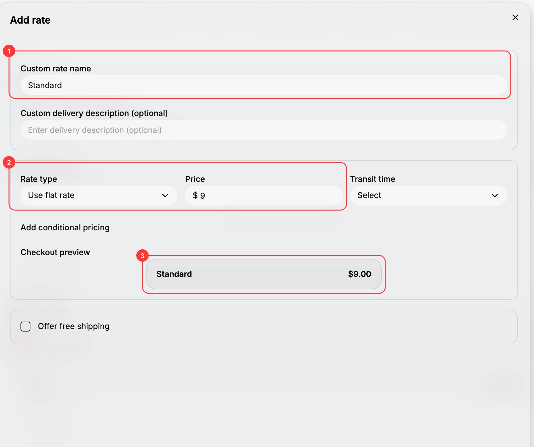 The Add rate dialog with a flat rate filled in. Box (1) marks the Custom rate name Standard, (2) the Rate type Use flat rate and the Price $9.00, and (3) the Checkout preview reading Standard $9.00.