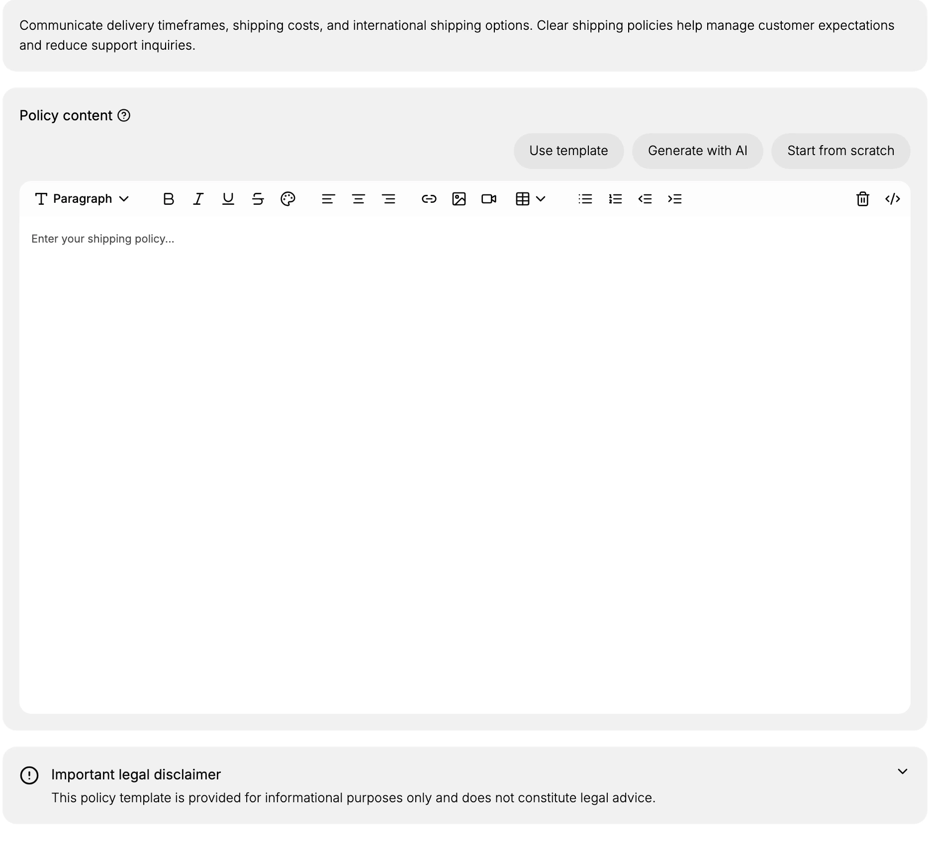 The Shipping policy editor: the description, the Policy content area with the Use template, Generate with AI, and Start from scratch buttons, the rich-text editor, and the Important legal disclaimer below it