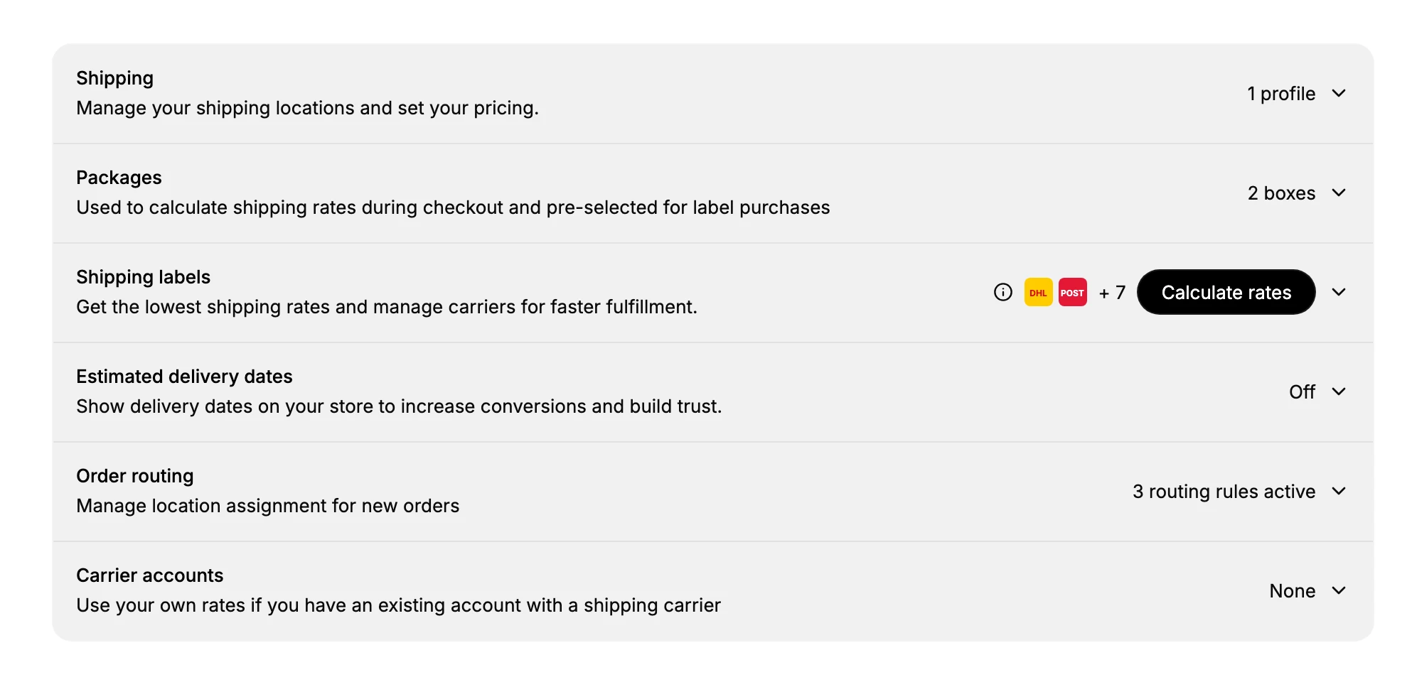 The Shipping and delivery settings page. The Shipping row, reading 1 profile, is the one that opens the General profile where shipping zones live; below it sit Packages, Shipping labels, Estimated delivery dates, Order routing, and Carrier accounts.