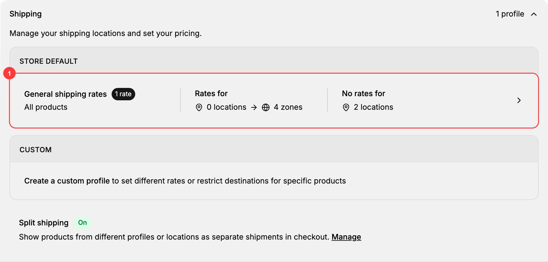 The Shipping and delivery page with the Shipping section expanded. Box **(1)** marks the General shipping rates row under STORE DEFAULT, showing 1 rate for all products, the zones and locations it covers, and the arrow that opens the profile.