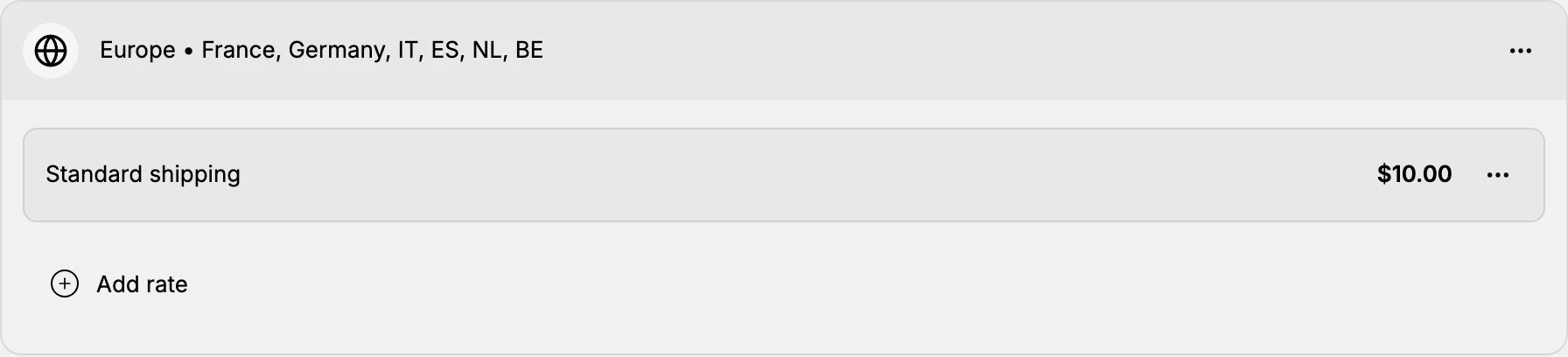 One zone in the Shipping zones section of a profile: a Europe zone naming the countries it covers, a Standard shipping rate of $10.00 beneath it, an Add rate control for adding another rate, and an actions menu at the right of the zone header.
