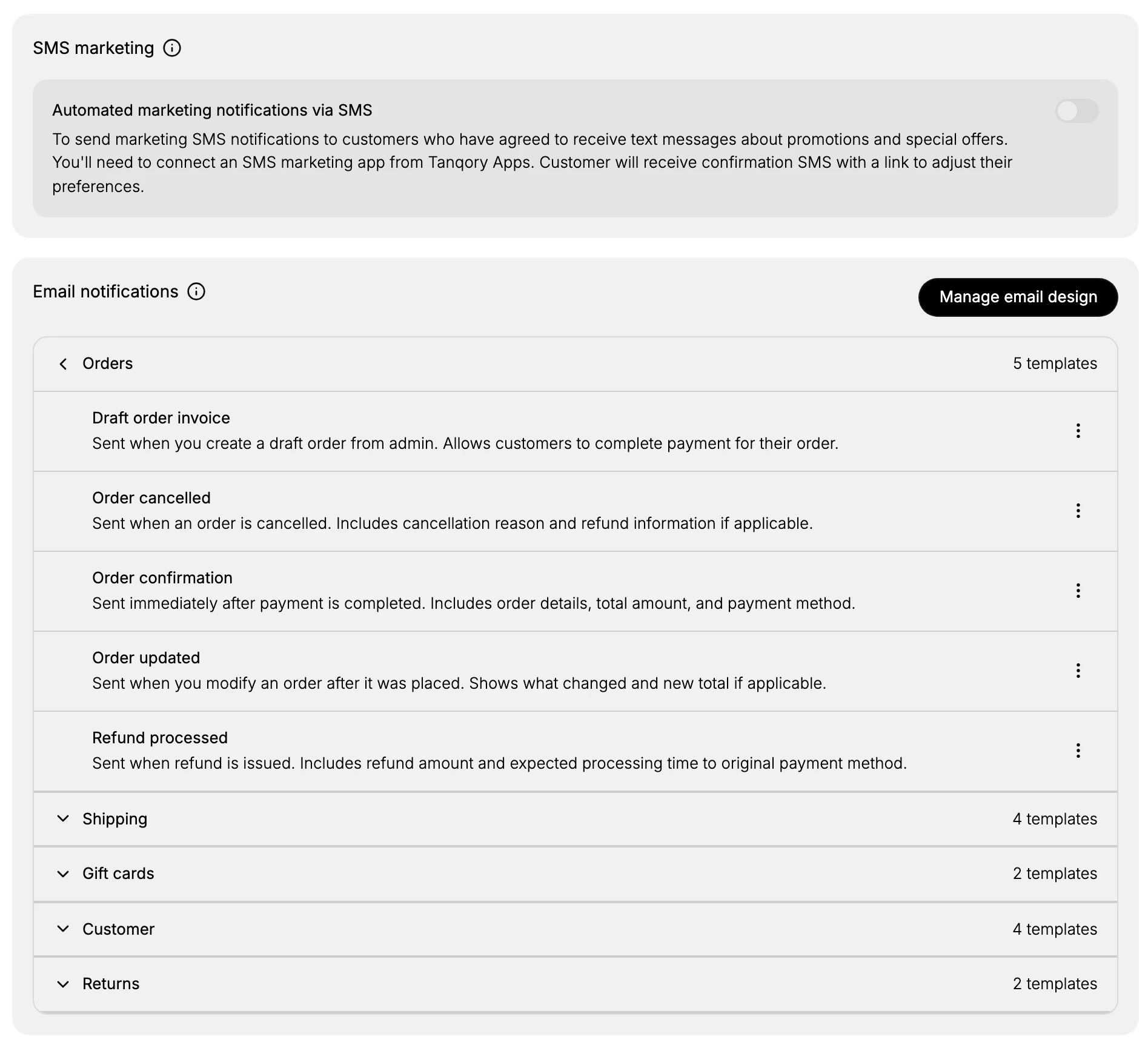 The Customer notifications page, showing the SMS marketing section and the Email notifications section with the Orders group expanded and the Shipping, Gift cards, Customer, and Returns groups below