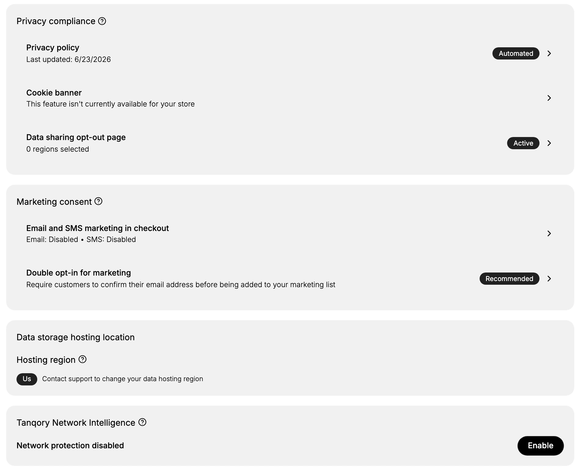 The Customer privacy page and its four cards: Privacy compliance, Marketing consent, Data storage hosting location, and Tanqory Network Intelligence