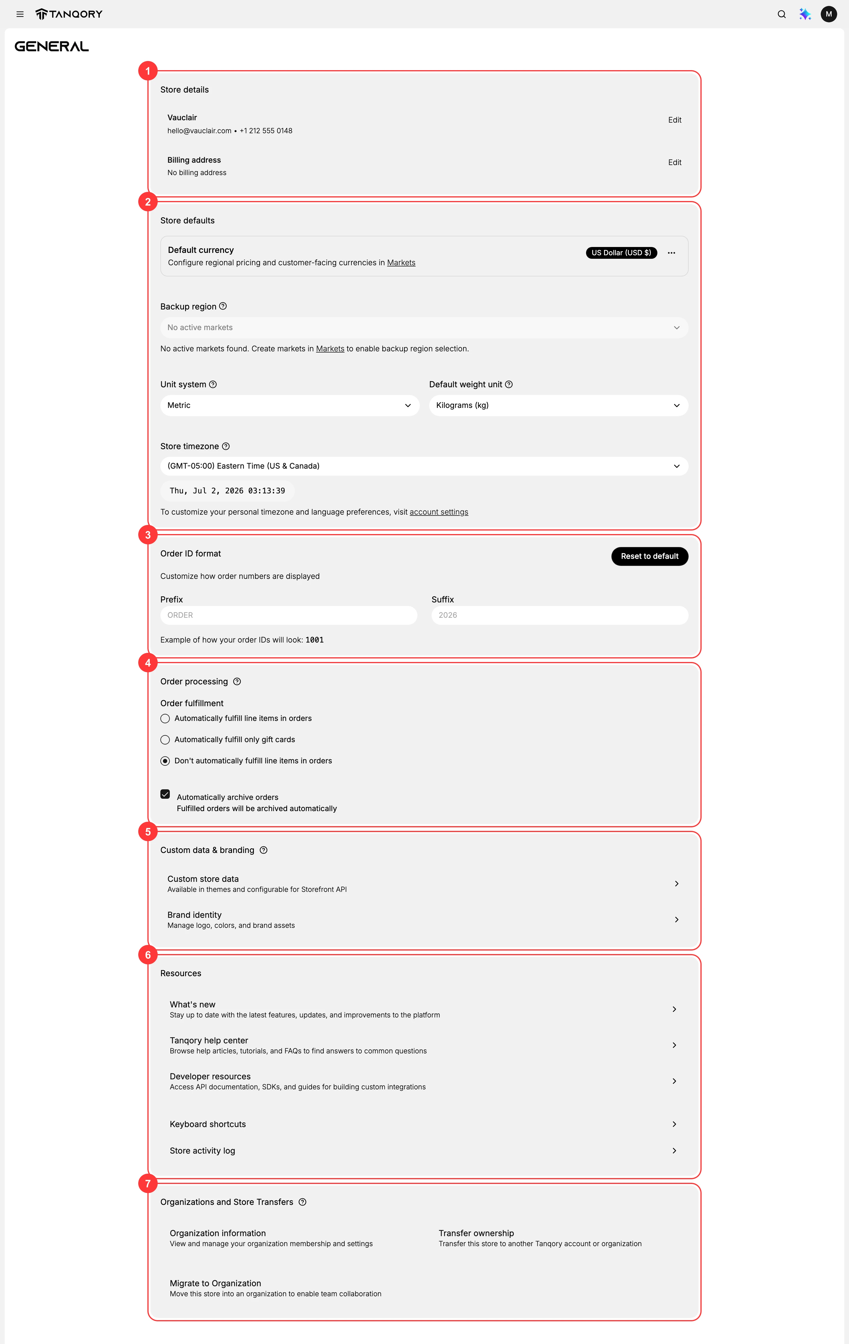 The General settings page and its seven sections: (1) Store details; (2) Store defaults; (3) Order ID format; (4) Order processing; (5) Custom data and branding; (6) Resources; (7) Organizations and Store Transfers