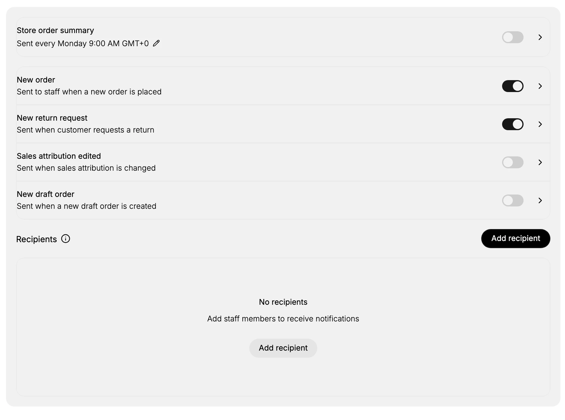 The Staff notifications page, showing each notification with an on or off toggle and the Recipients section below with an Add recipient button
