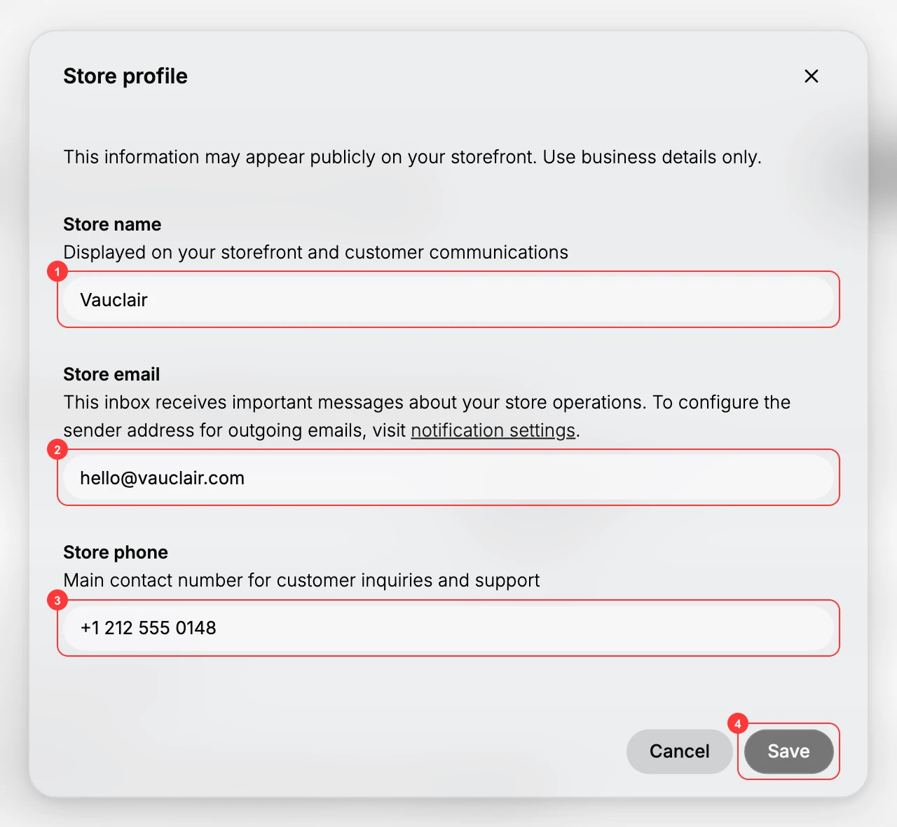 The Store profile dialog: (1) the Store name field; (2) the Store email field; (3) the Store phone field; (4) the Save button