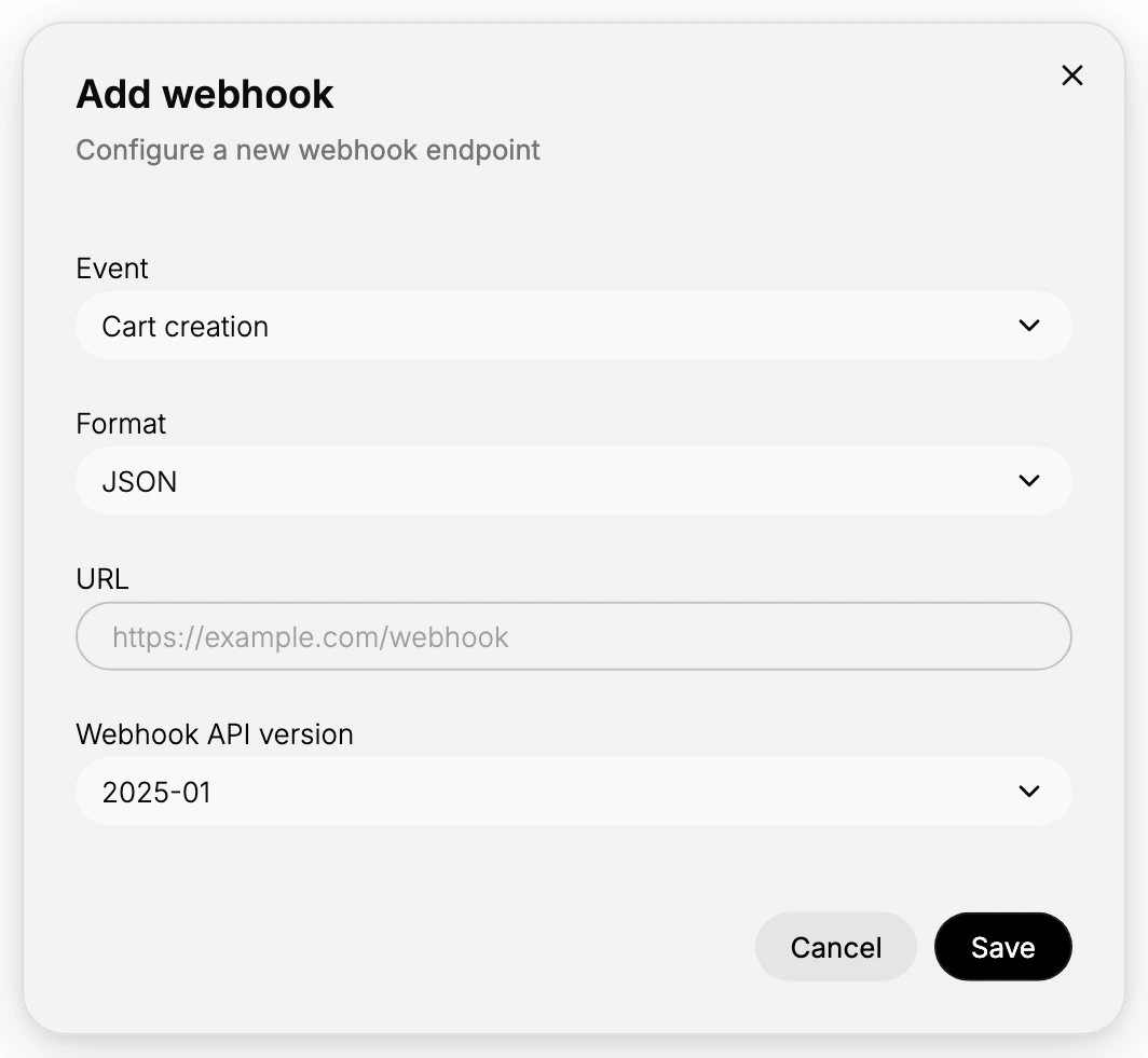 The Add webhook dialog: the Event, Format, URL, and Webhook API version fields, with Cancel and Save