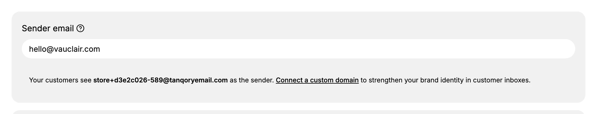 The Sender email section on the Notifications page, showing the sender address field and a note that customers currently see a default tanqoryemail.com sender, with a link to connect a custom domain.